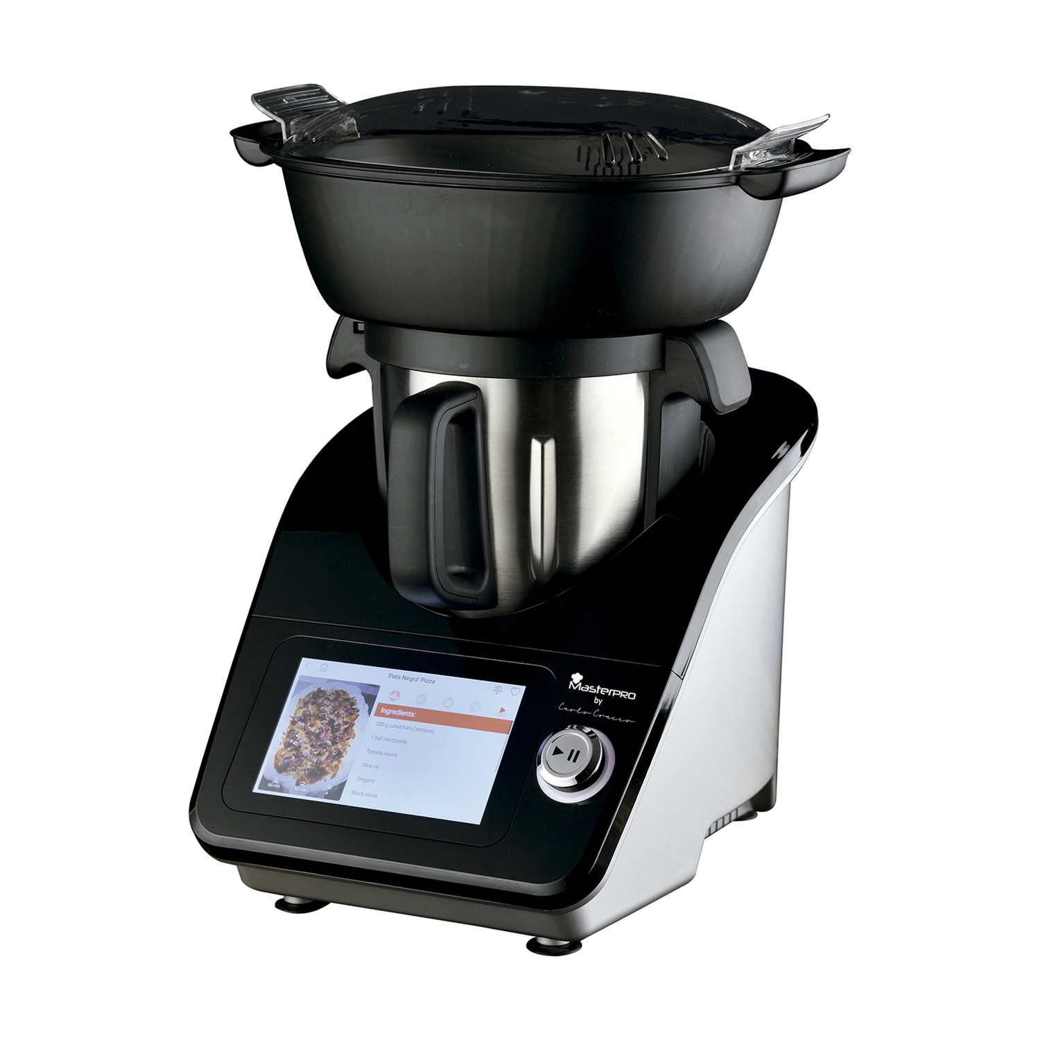Urządzenie kuchenne z czarną pokrywą, srebrną misą i ekranem dotykowym wyświetlającym przepis na pizzę.