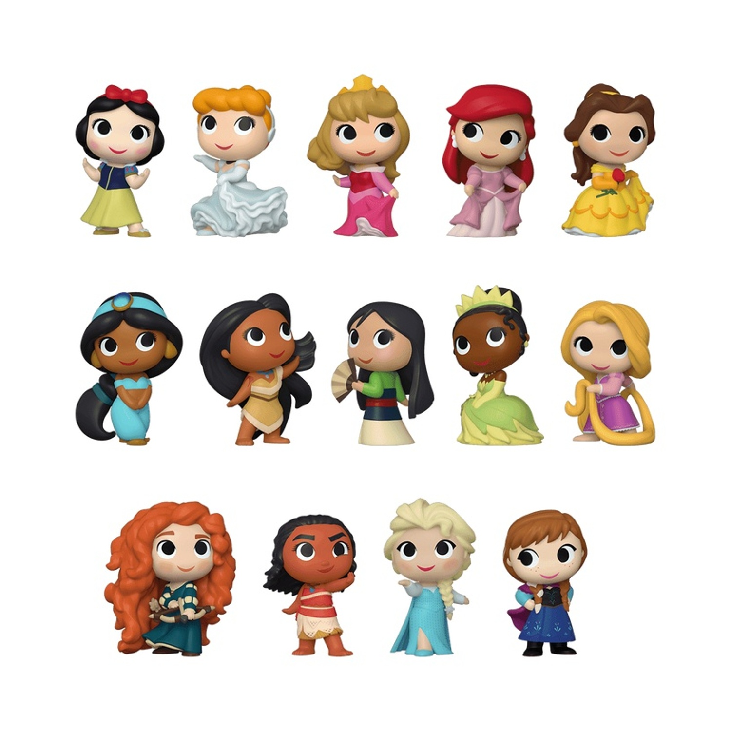 14 Disney Prinzessinnen Sammelfiguren in verschiedenen Kleidern und Farben.