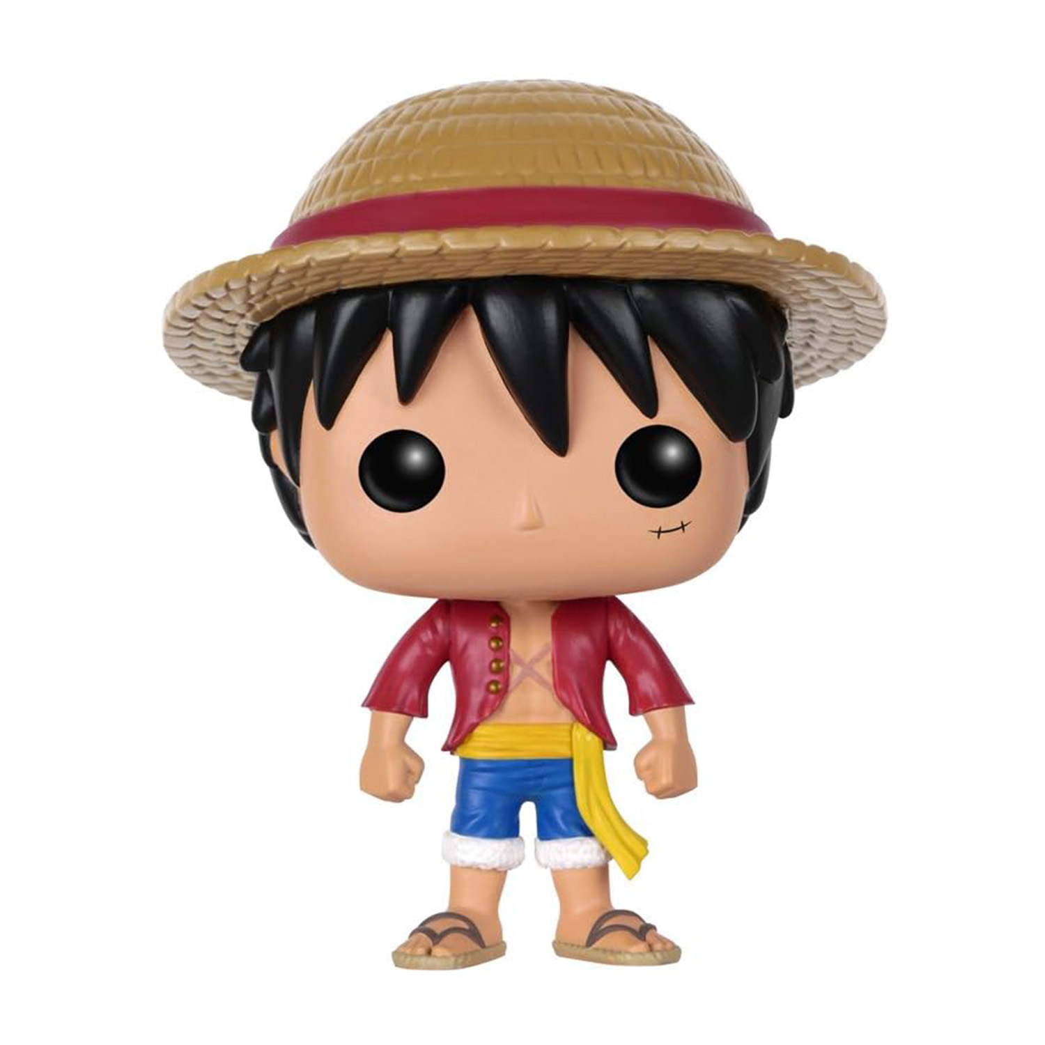 Una figura con cappello di paglia, camicia rossa, pantaloncini blu e sandali.