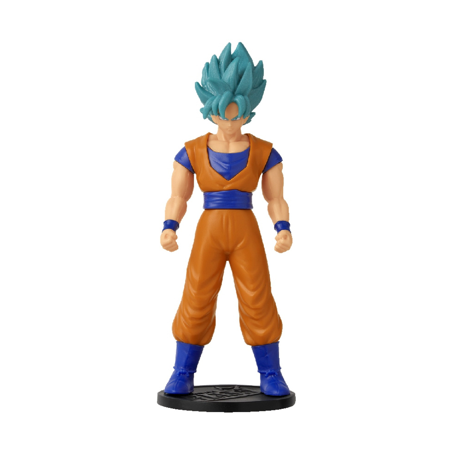 Action figure di Goku con capelli blu che indossa un gi arancione e stivali blu.