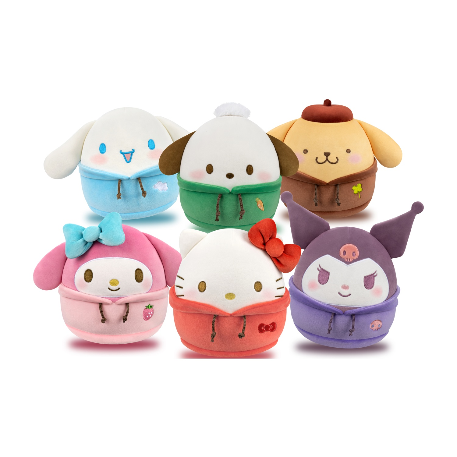 Sei peluche Sanrio con felpe: Cinnamoroll, Pochacco, Pompompurin, My Melody, Hello Kitty, Kuromi.