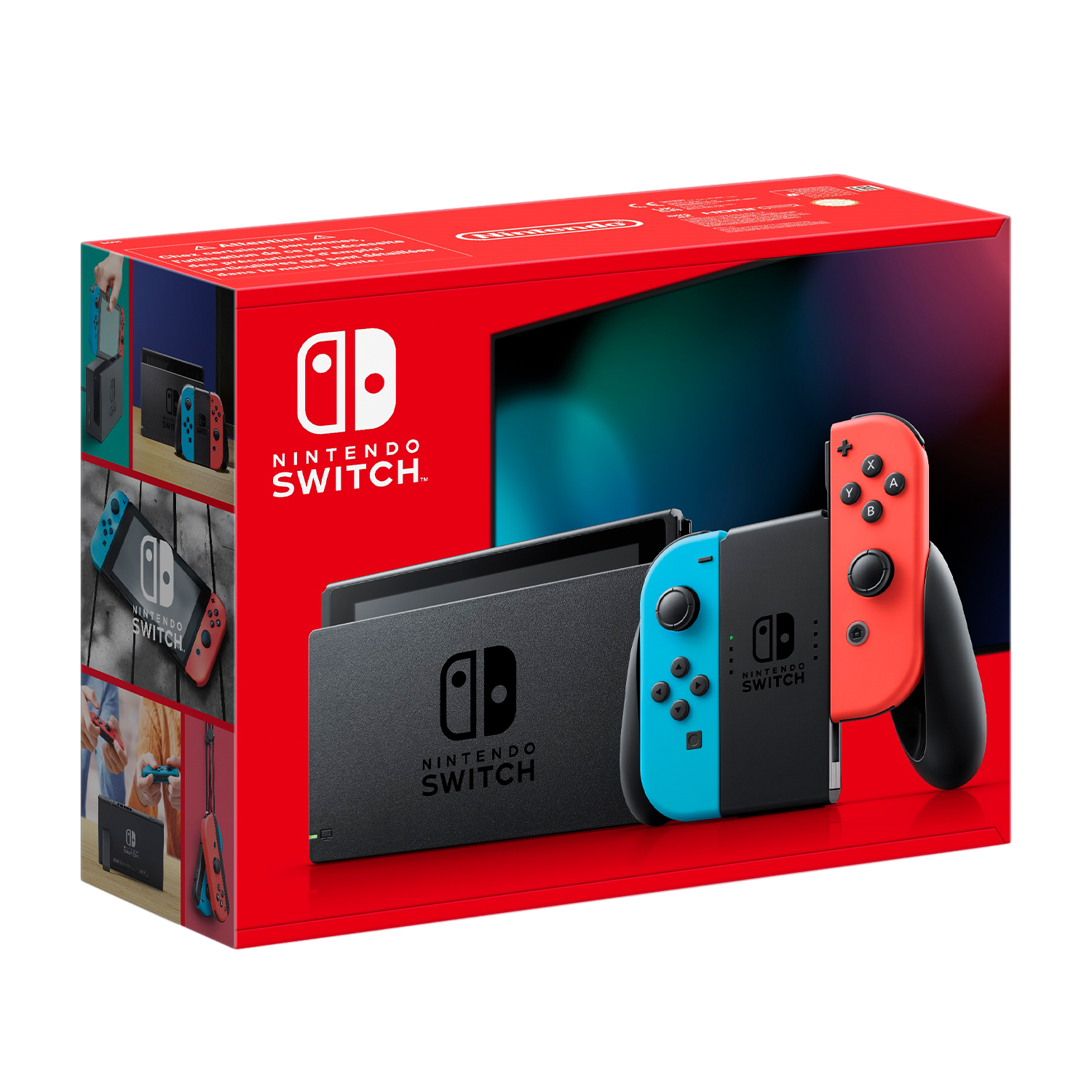Console Nintendo Switch con Joy-Con rossi e blu e docking station.