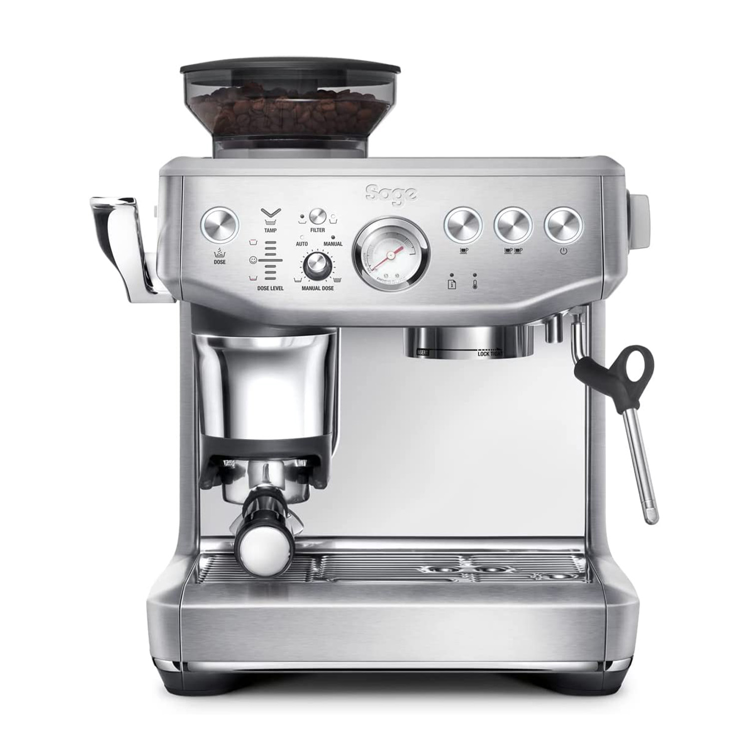 Una máquina de espresso plateada con molinillo integrado, llena de granos de café.