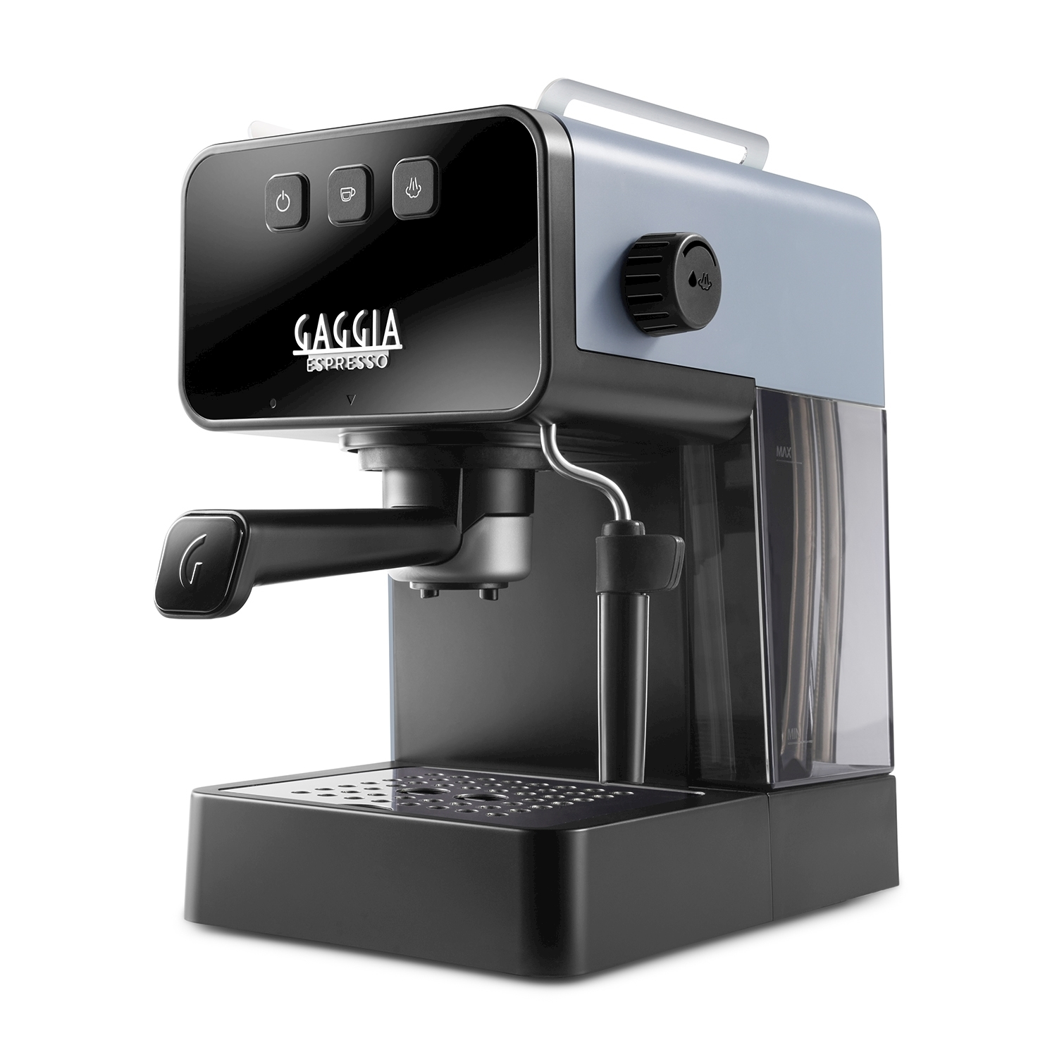 Una máquina de espresso Gaggia con panel de control negro y cuerpo azul claro sobre fondo blanco.