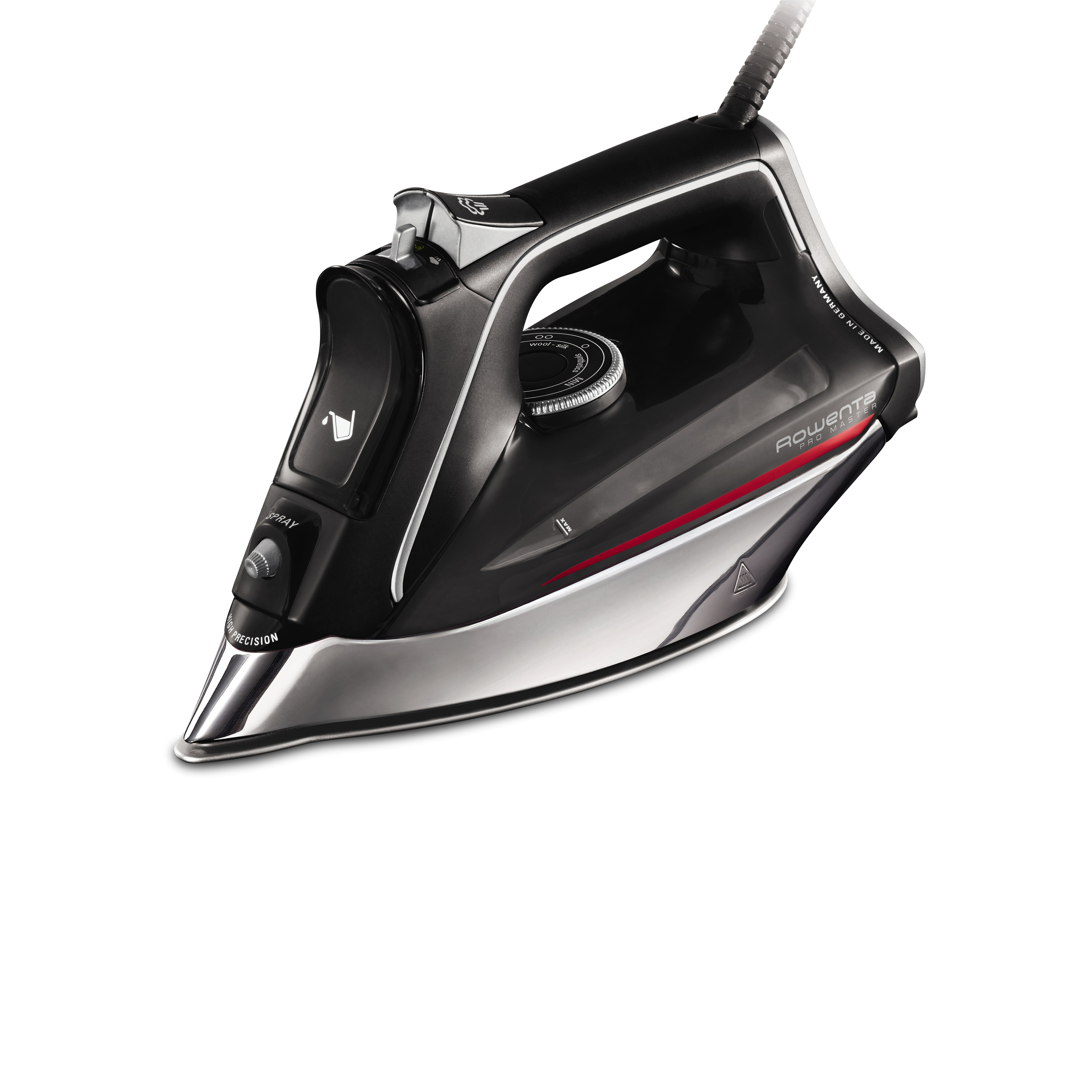 Czarne żelazko z czerwonymi akcentami i srebrną podeszwą, na białym tle.