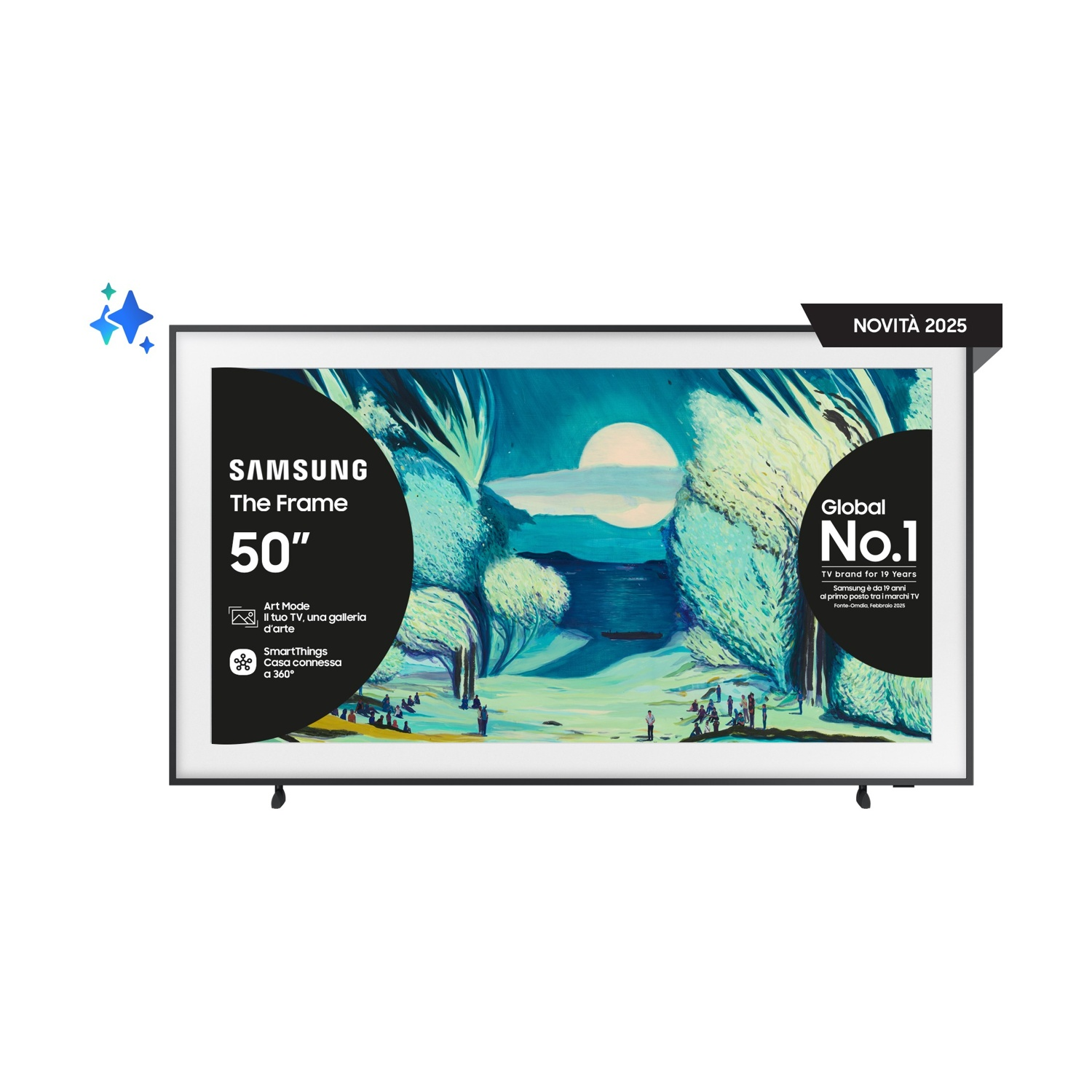 TV Samsung 50" The Frame con opera d'arte, logo "Global No.1" e banner "Novità 2025".
