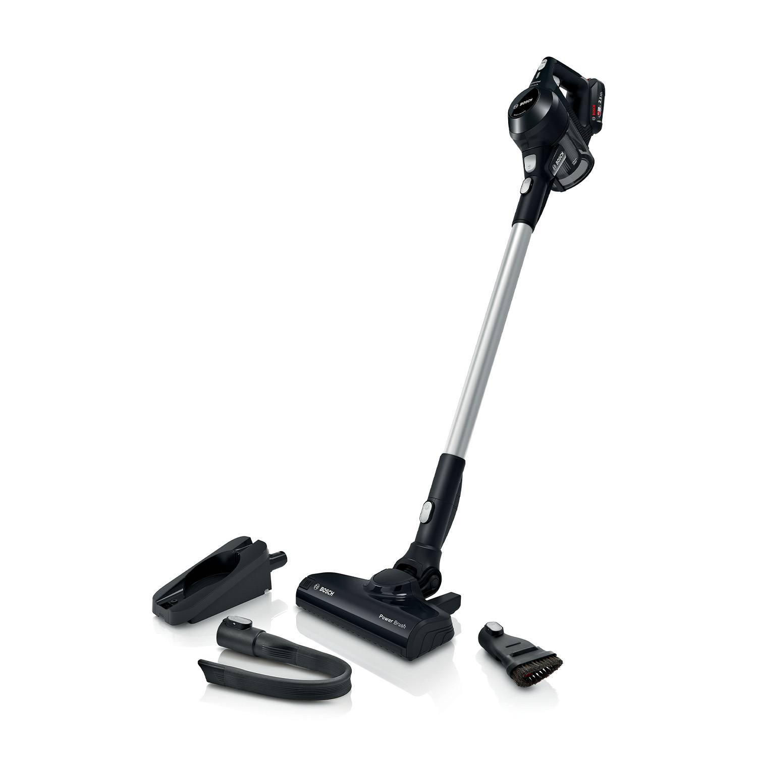 Black Bosch cordless vacuum with accessories on a white background.