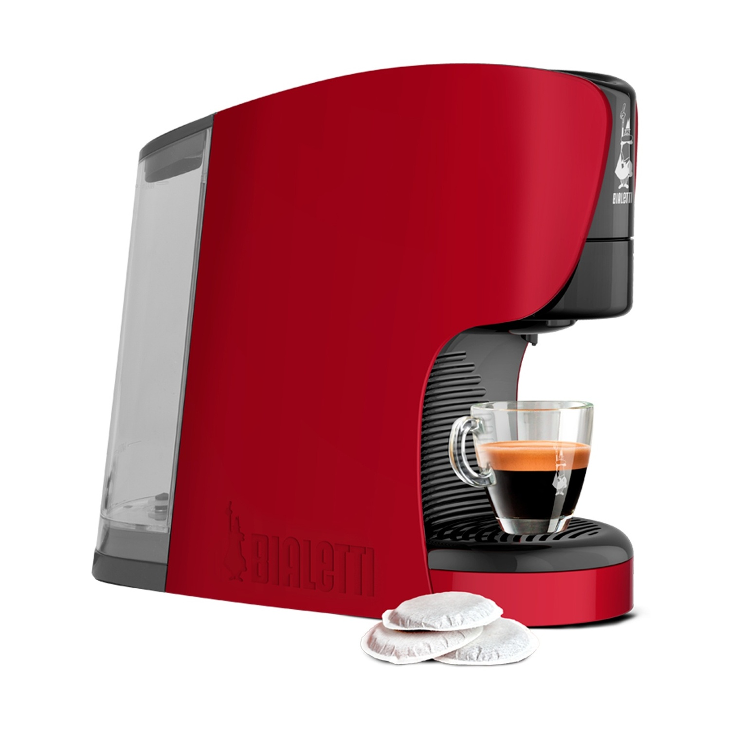 Macchina da caffè rossa con tazza di espresso e tre cialde.