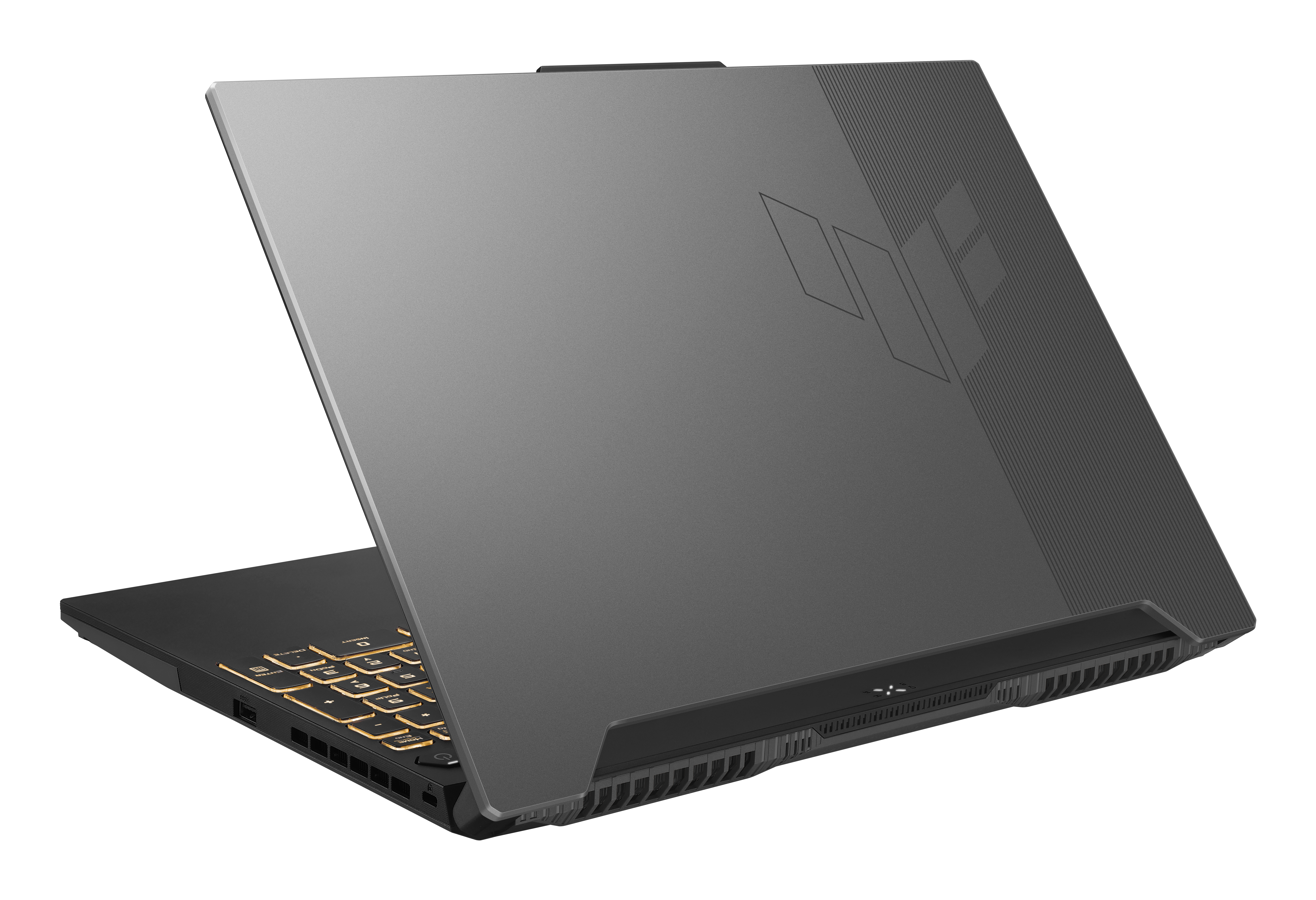 Un laptop grigio con tastiera retroilluminata e logo sul coperchio.