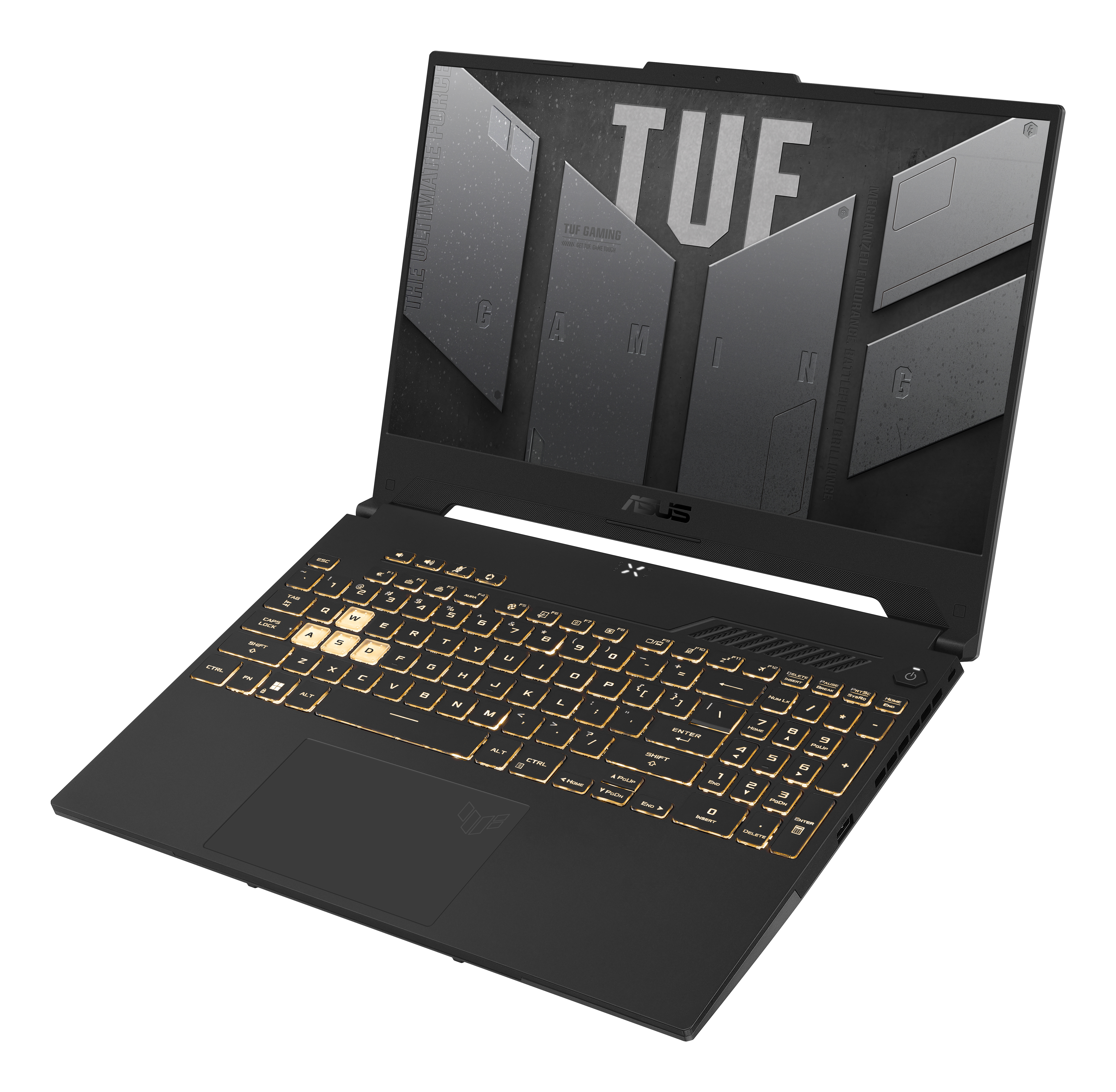 Un laptop nero con tasti illuminati e logo TUF Gaming.