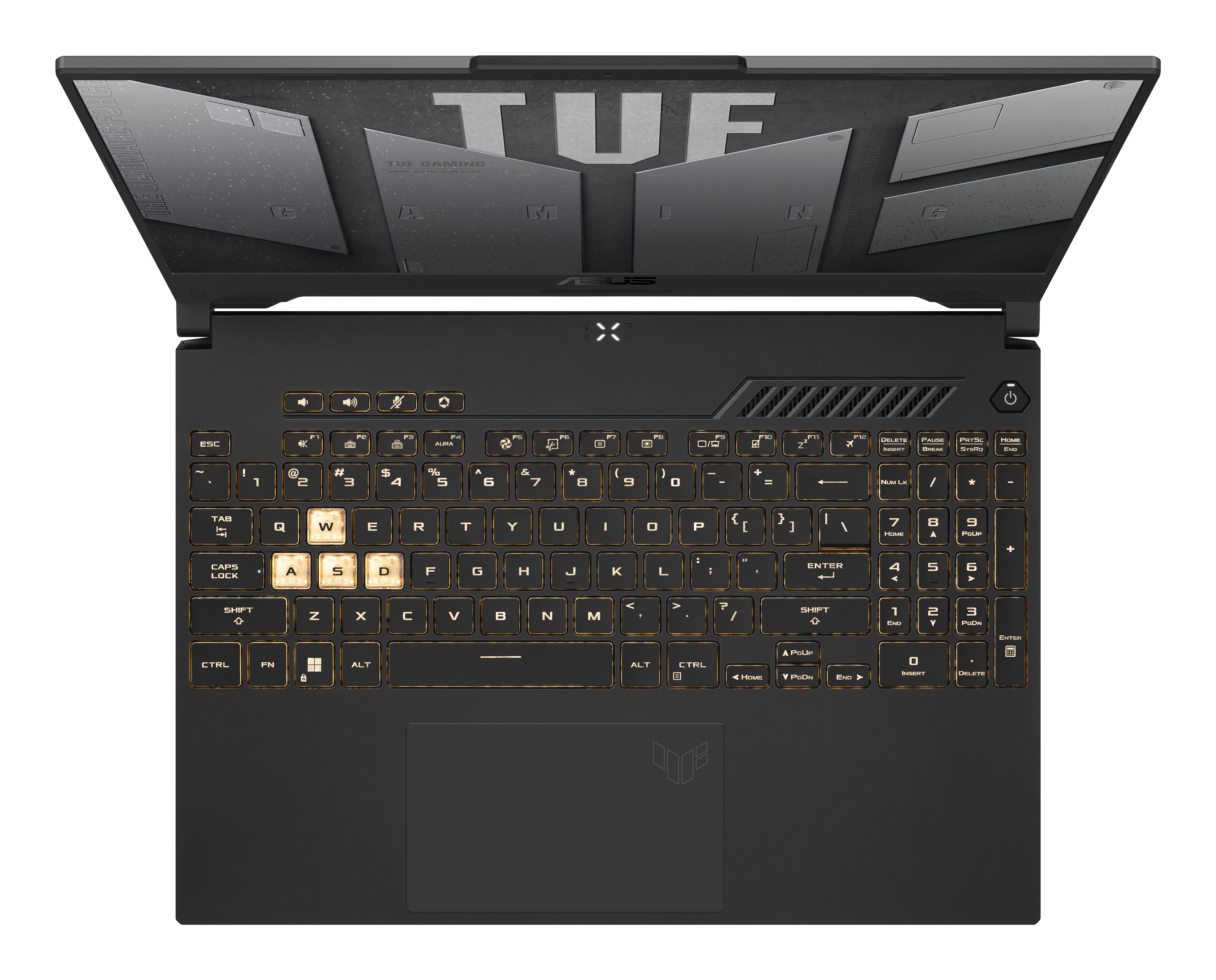 Un laptop nero con coperchio aperto, tastiera retroilluminata.
