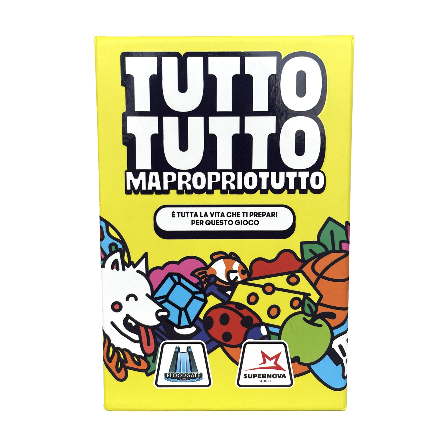 Bunte Spielschachtel mit dem Titel TUTTO TUTTO MAPROPRIOTUTTO und verspielten Grafiken.