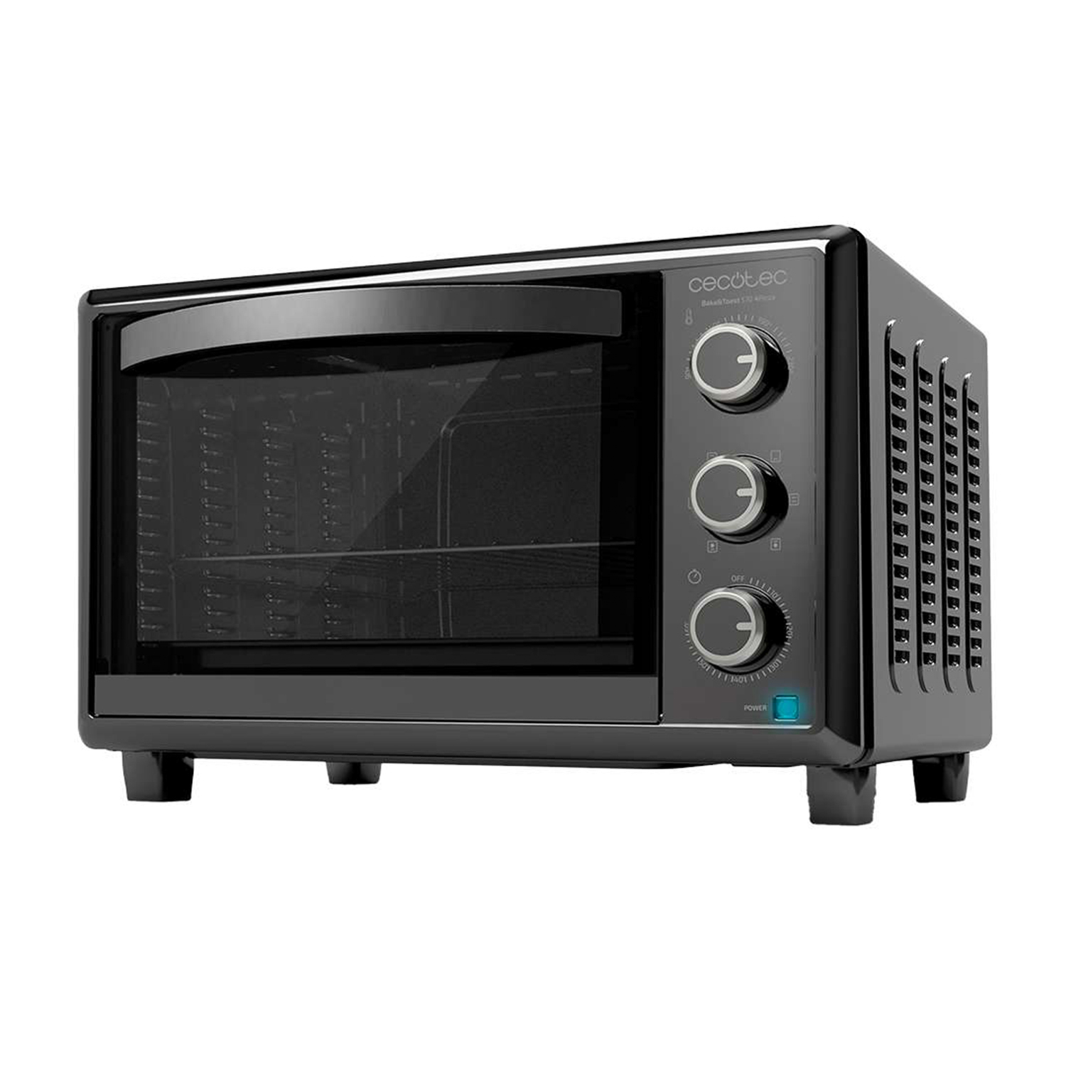 Un horno de sobremesa negro con puerta de cristal y tres mandos.