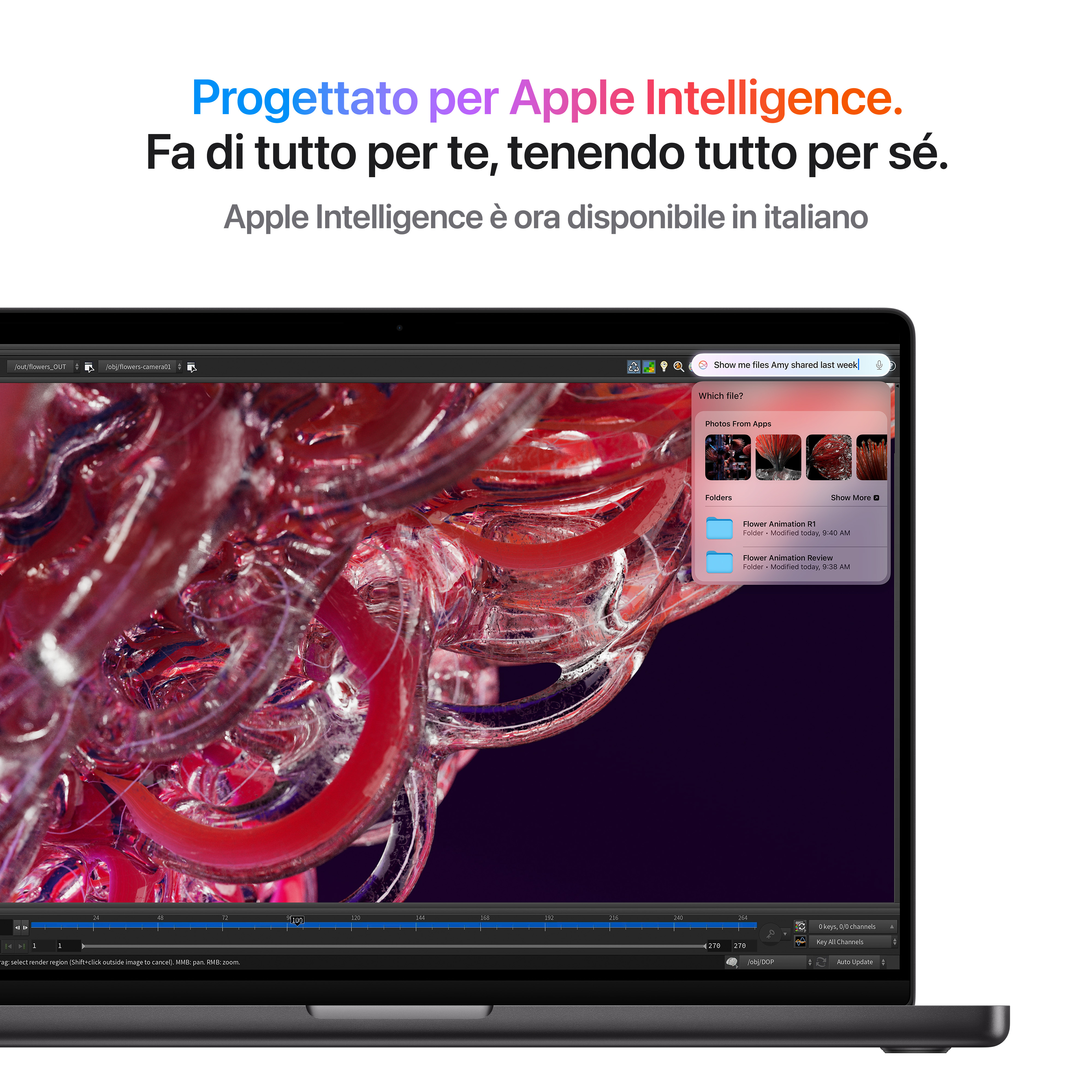 Un laptop mostra un'animazione 3D astratta rossa e una finestra di ricerca.