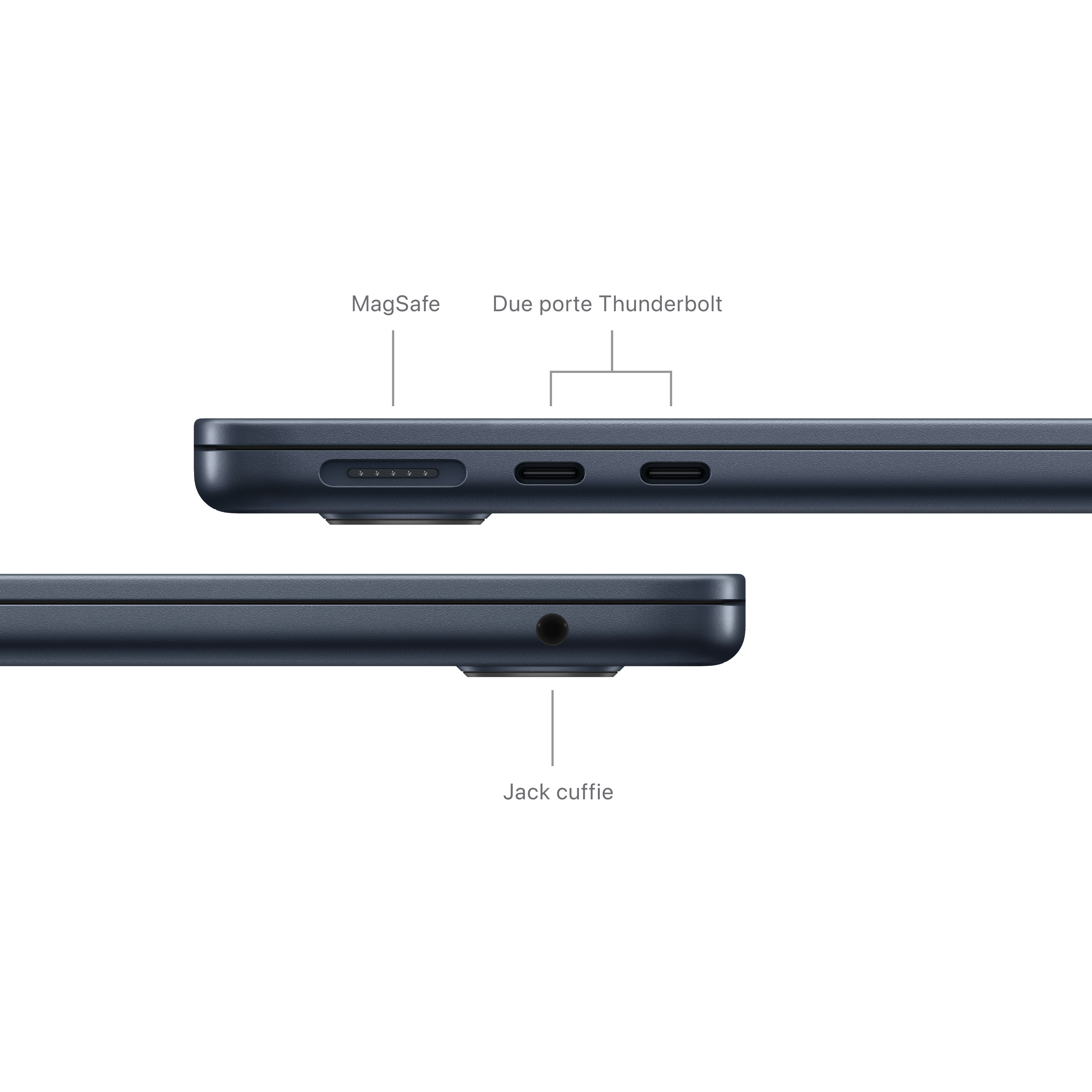 Dunkelblaue Laptop-Seite mit MagSafe, zwei Thunderbolt-Ports und Kopfhöreranschluss.