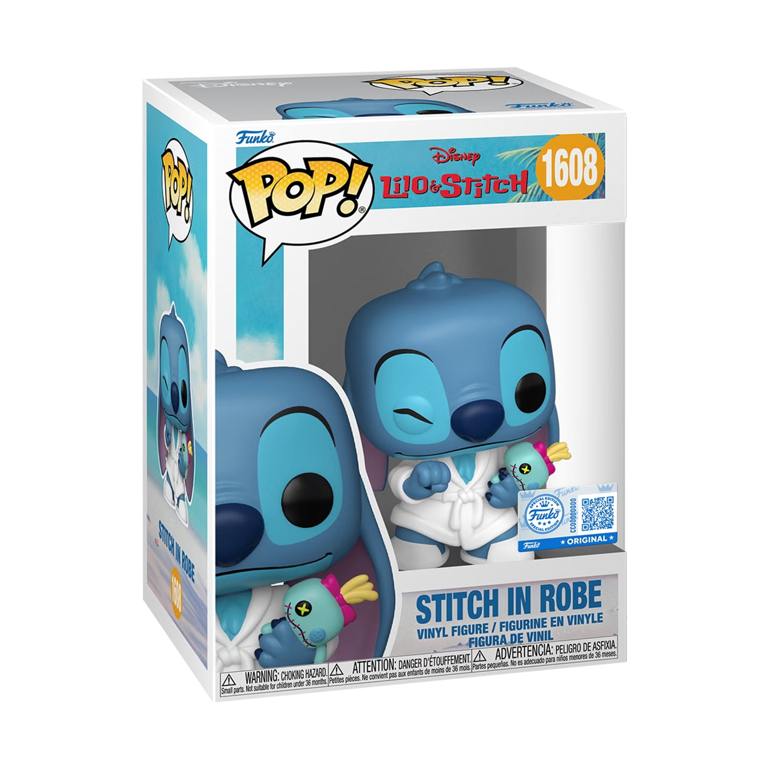 Action figure Funko Pop di Stitch in accappatoio con pupazzo.