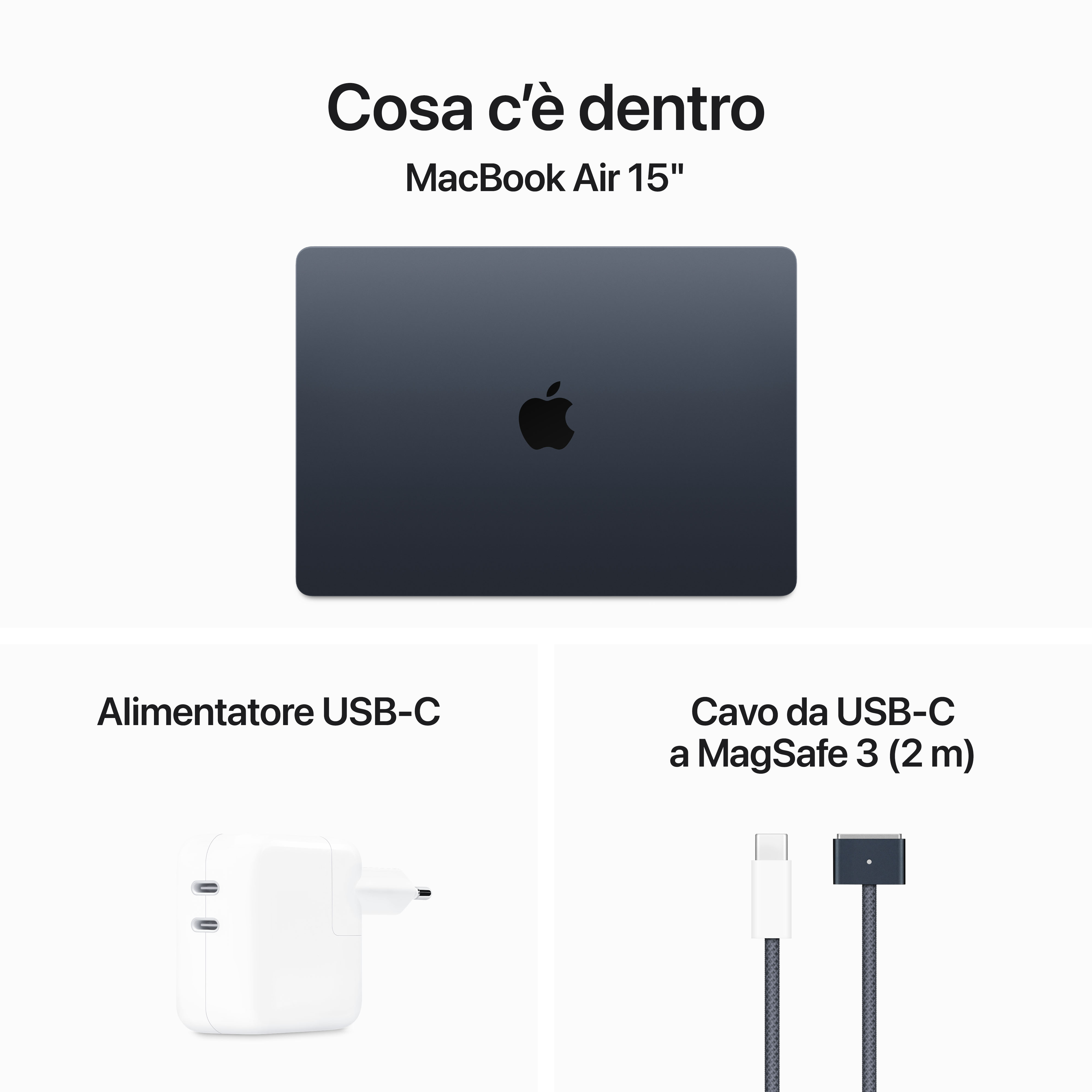 MacBook Air 15" con alimentatore USB-C e cavo USB-C a MagSafe 3.