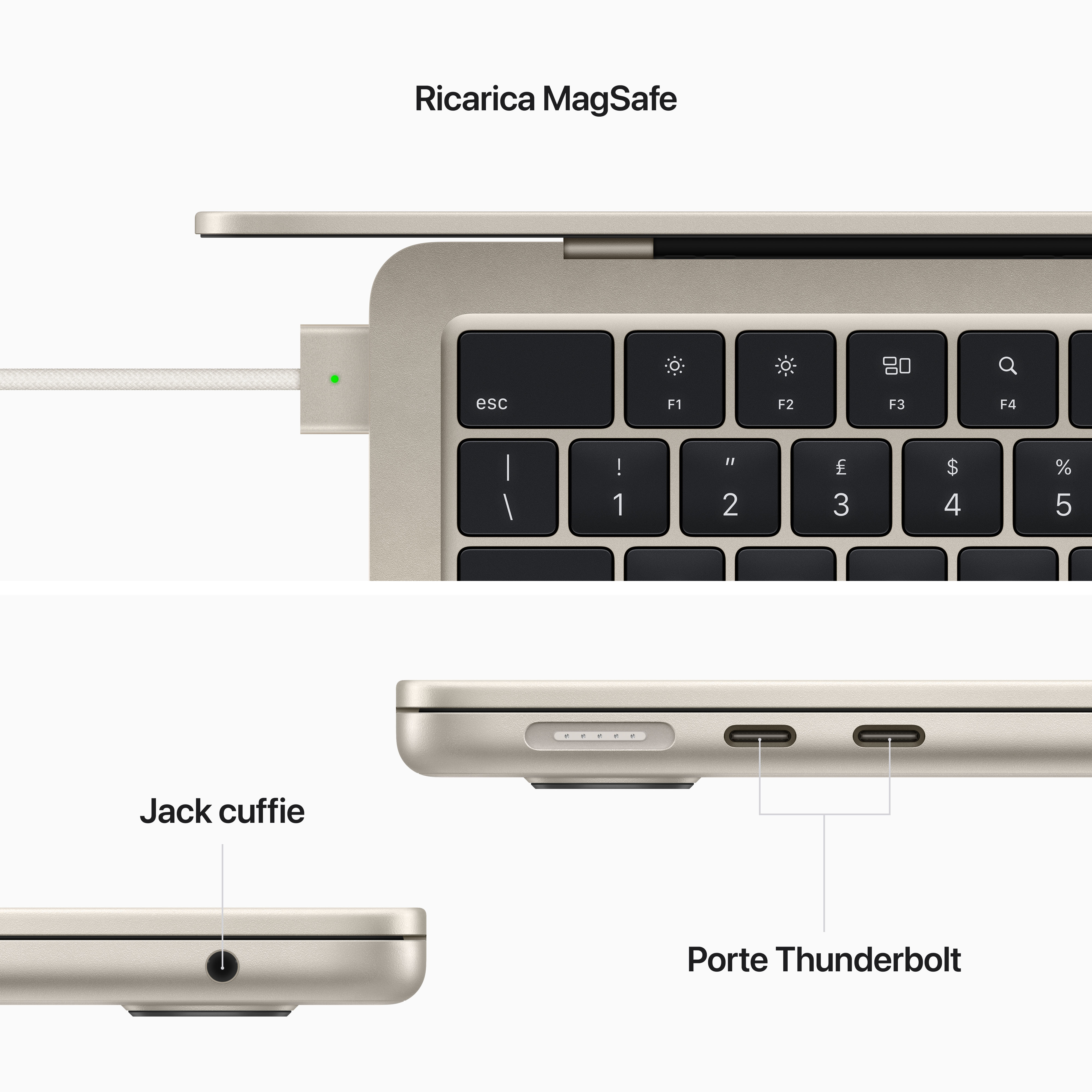 Un laptop che mostra la ricarica MagSafe, il jack per cuffie e le porte Thunderbolt.
