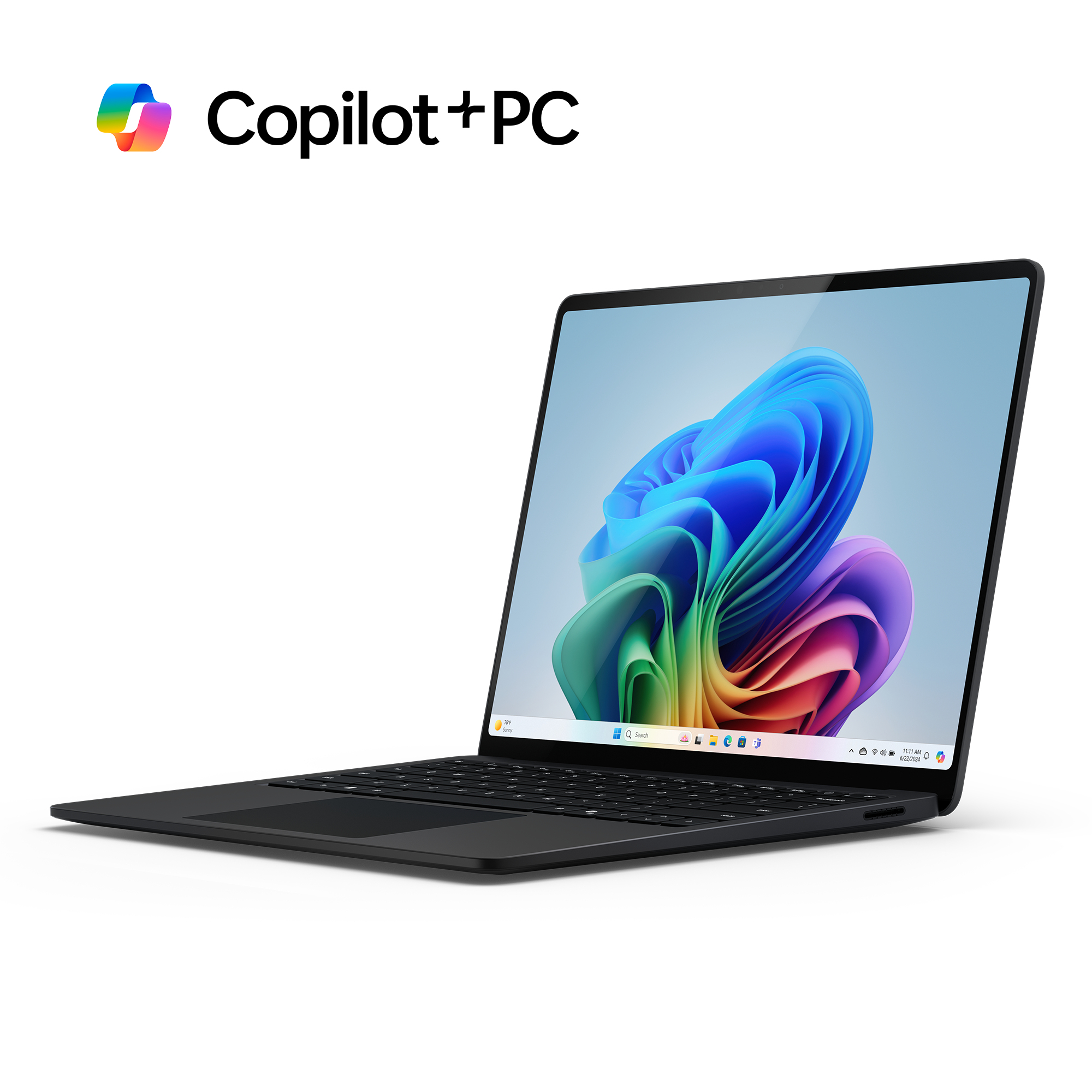 Czarny laptop z kolorową tapetą i tekstem "Copilot+PC".