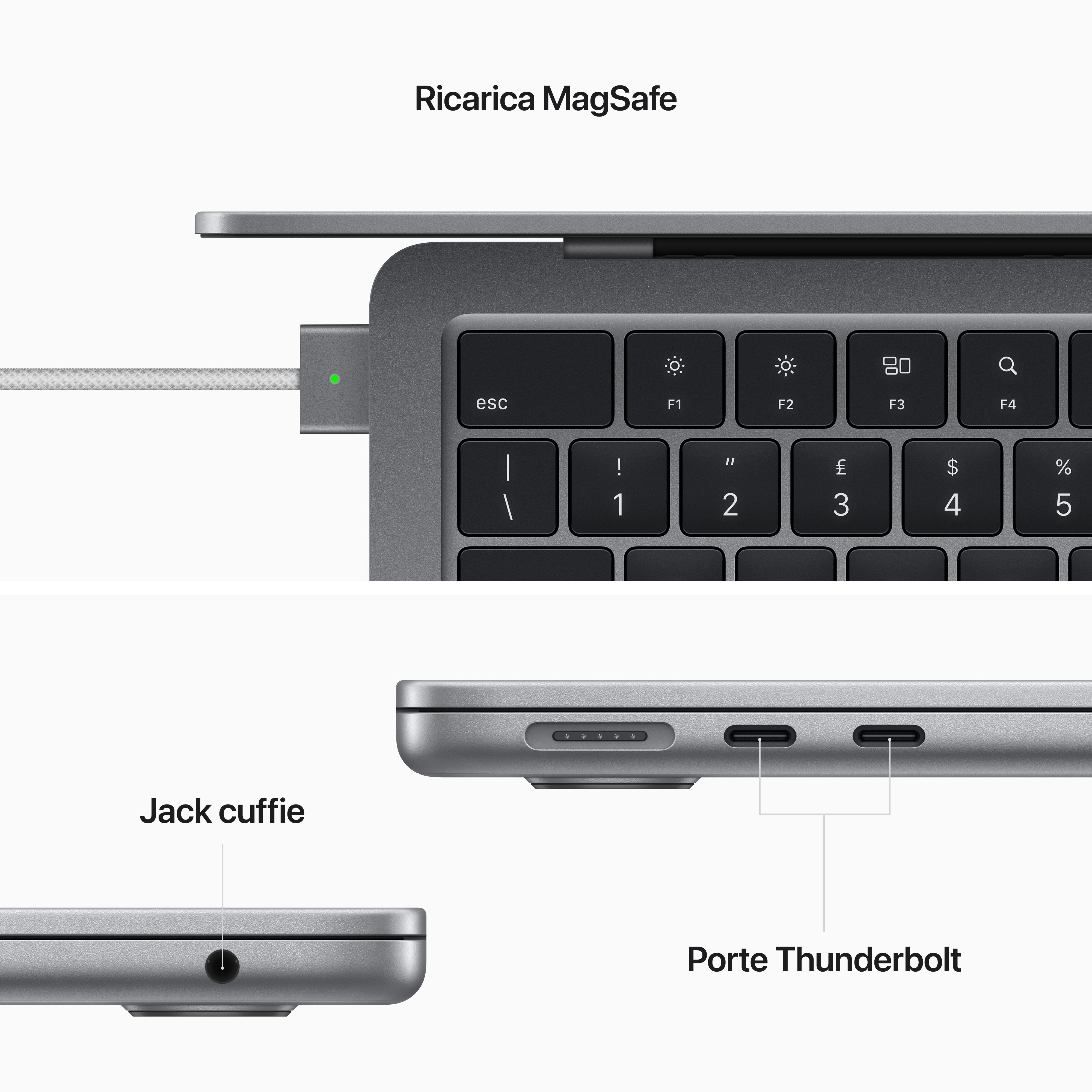 Ein Laptop mit MagSafe-Ladeanschluss, Kopfhörerbuchse und Thunderbolt-Ports.