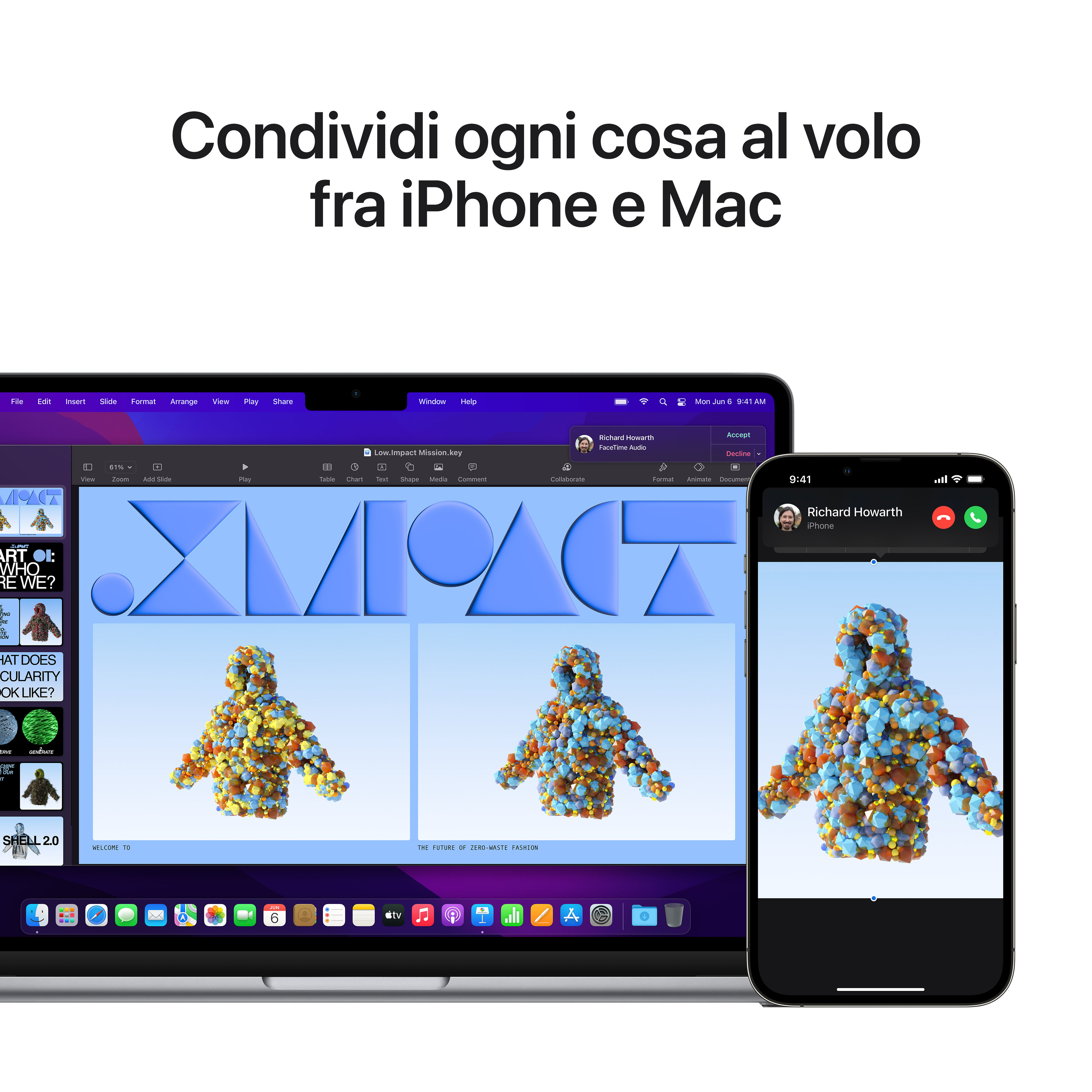 Ein Mac und ein iPhone zeigen eine Präsentation und einen FaceTime-Anruf mit 3D-Modellen.