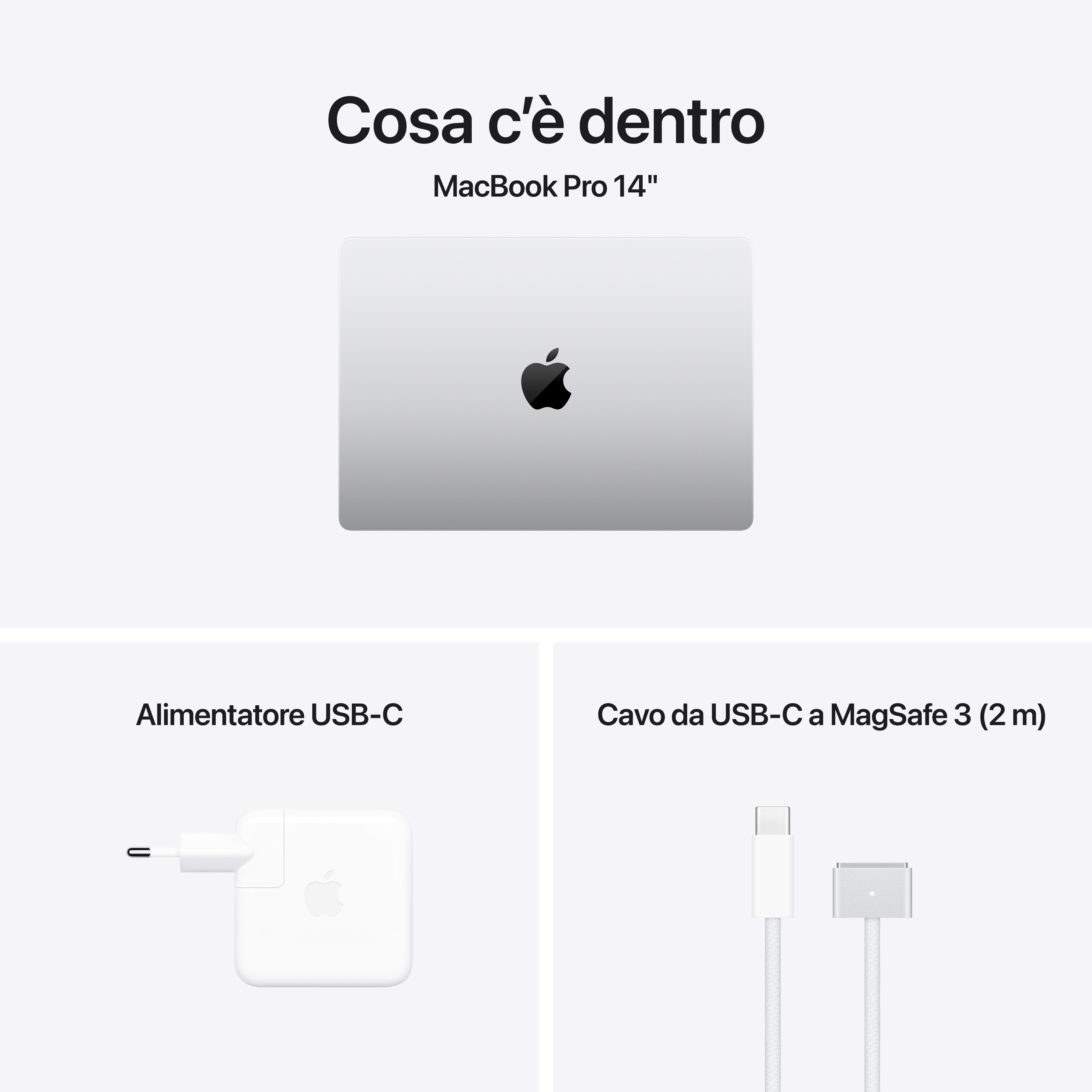 MacBook Pro 14 pollici, alimentatore USB-C e cavo MagSafe 3.