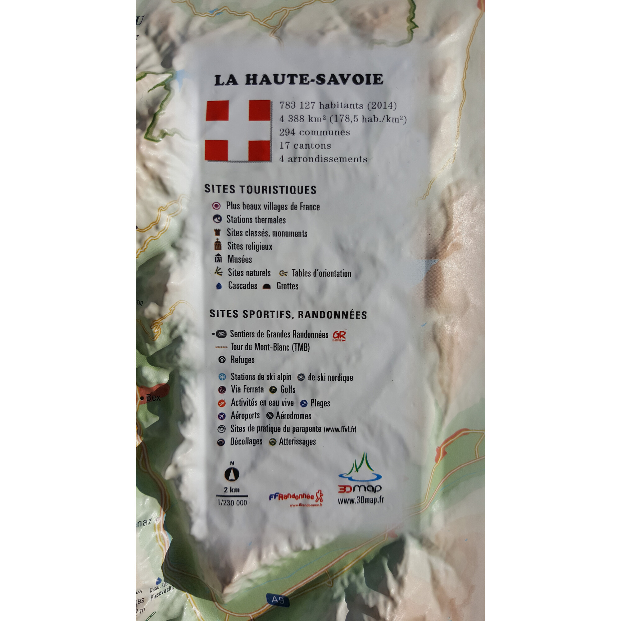 Karte von Haute-Savoie mit Sehenswürdigkeiten und Sportmöglichkeiten.