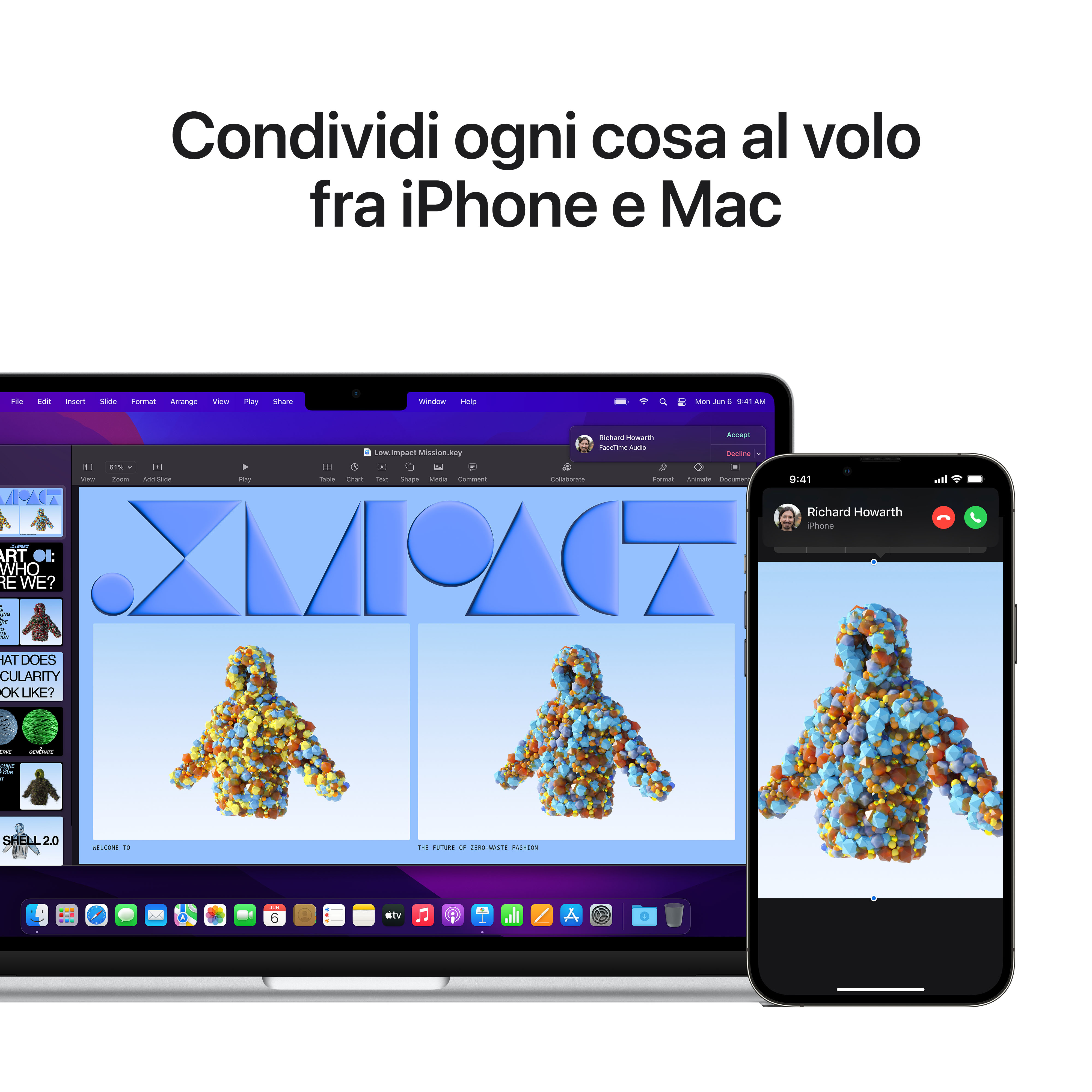 Mac wyświetla prezentację z postaciami 3D; iPhone pokazuje rozmowę FaceTime.