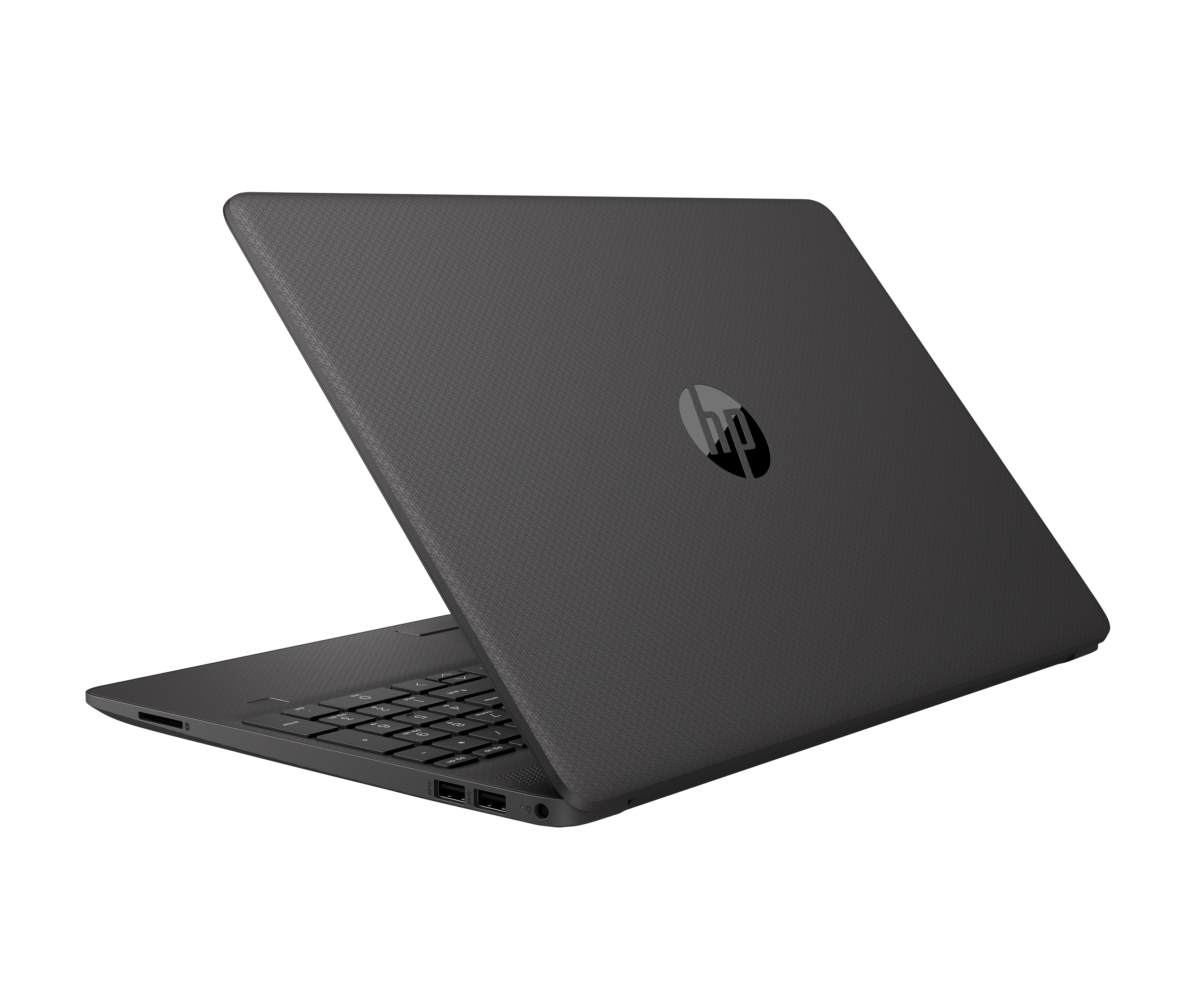 Un laptop HP chiuso e scuro con scocca testurizzata e logo.