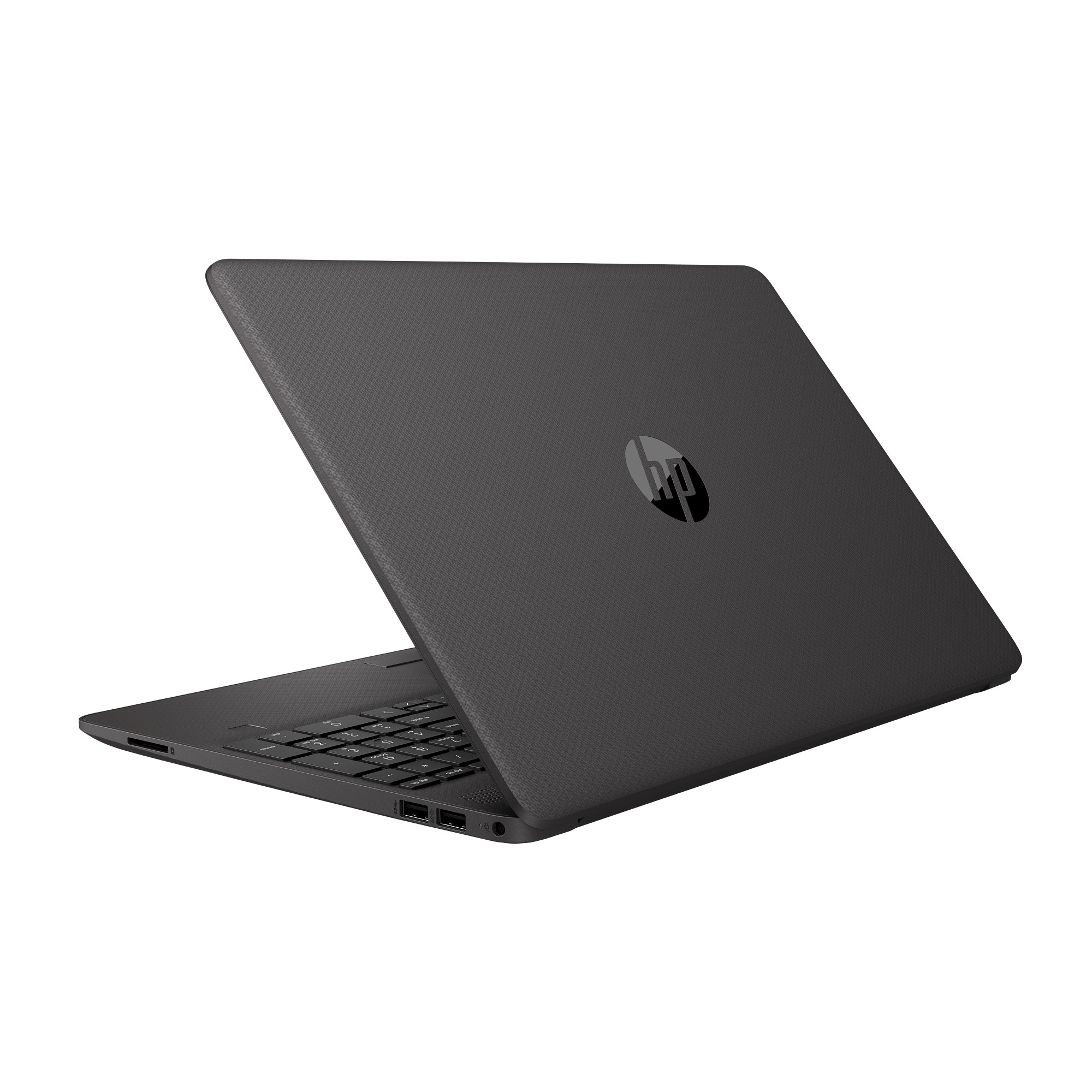 Un laptop HP grigio con tastiera e porte su sfondo bianco.