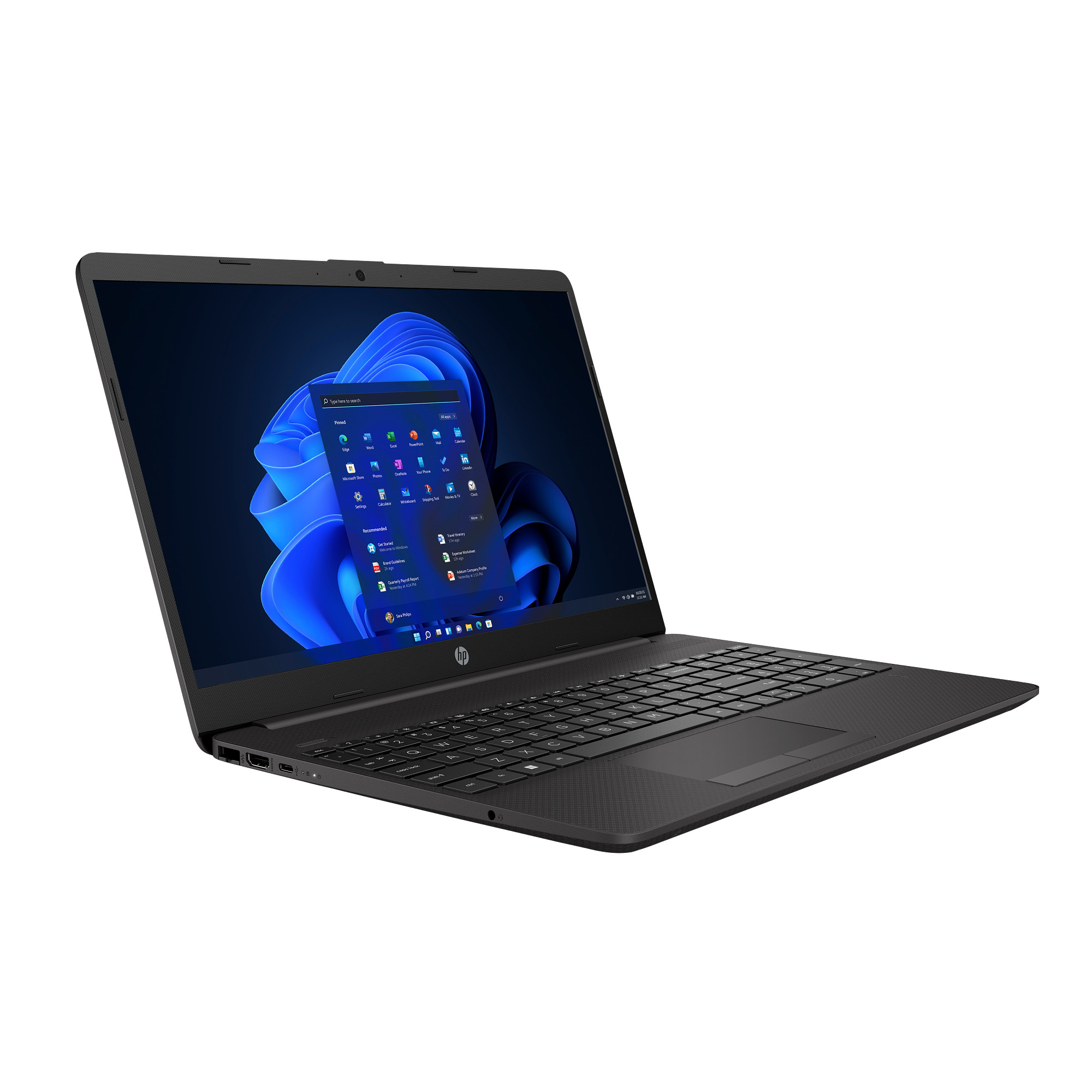 Laptop HP nero che mostra Windows 11 con il menu Start aperto.