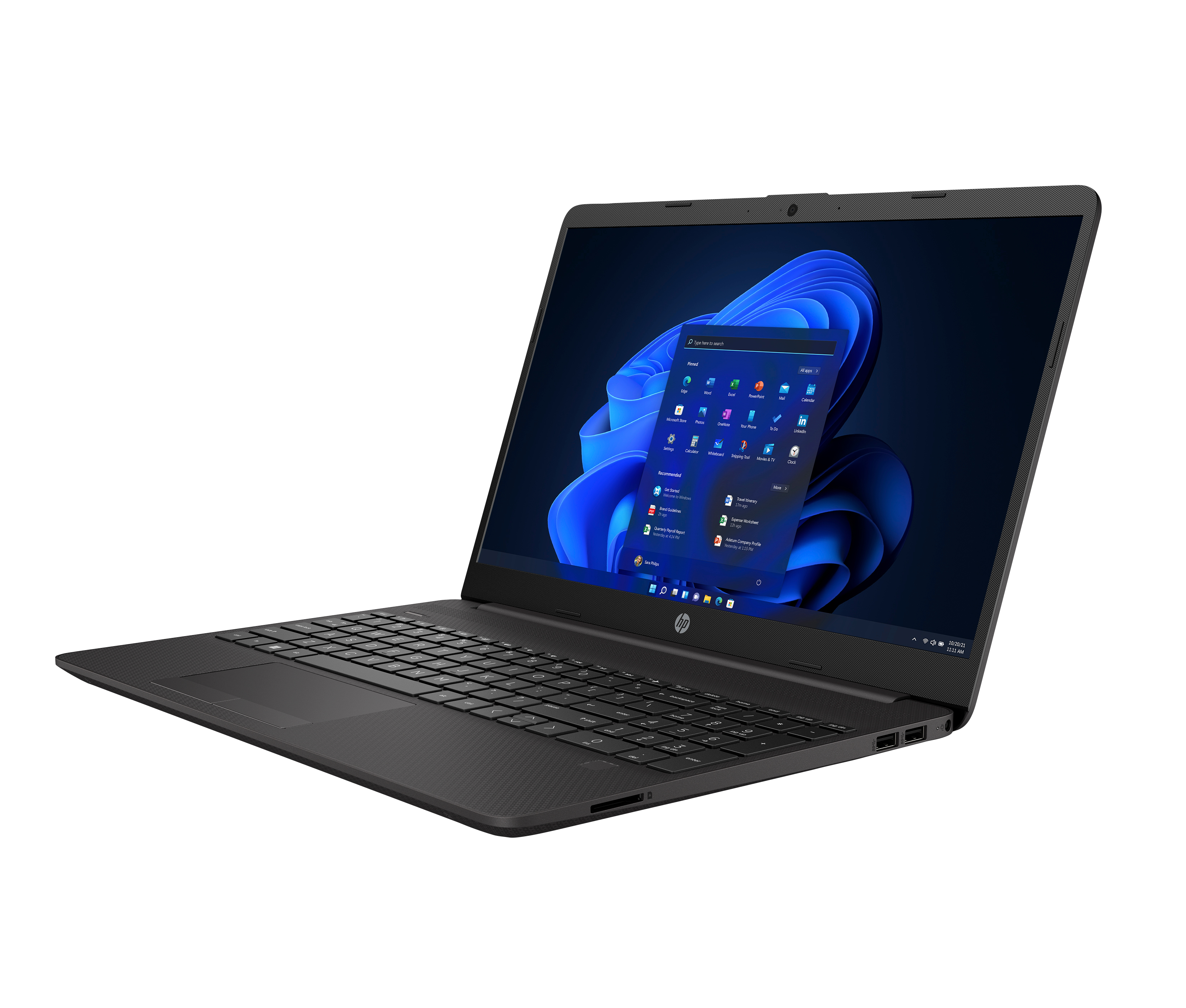 Laptop HP nero con sfondo blu di Windows 11. Tastiera e touchpad visibili.