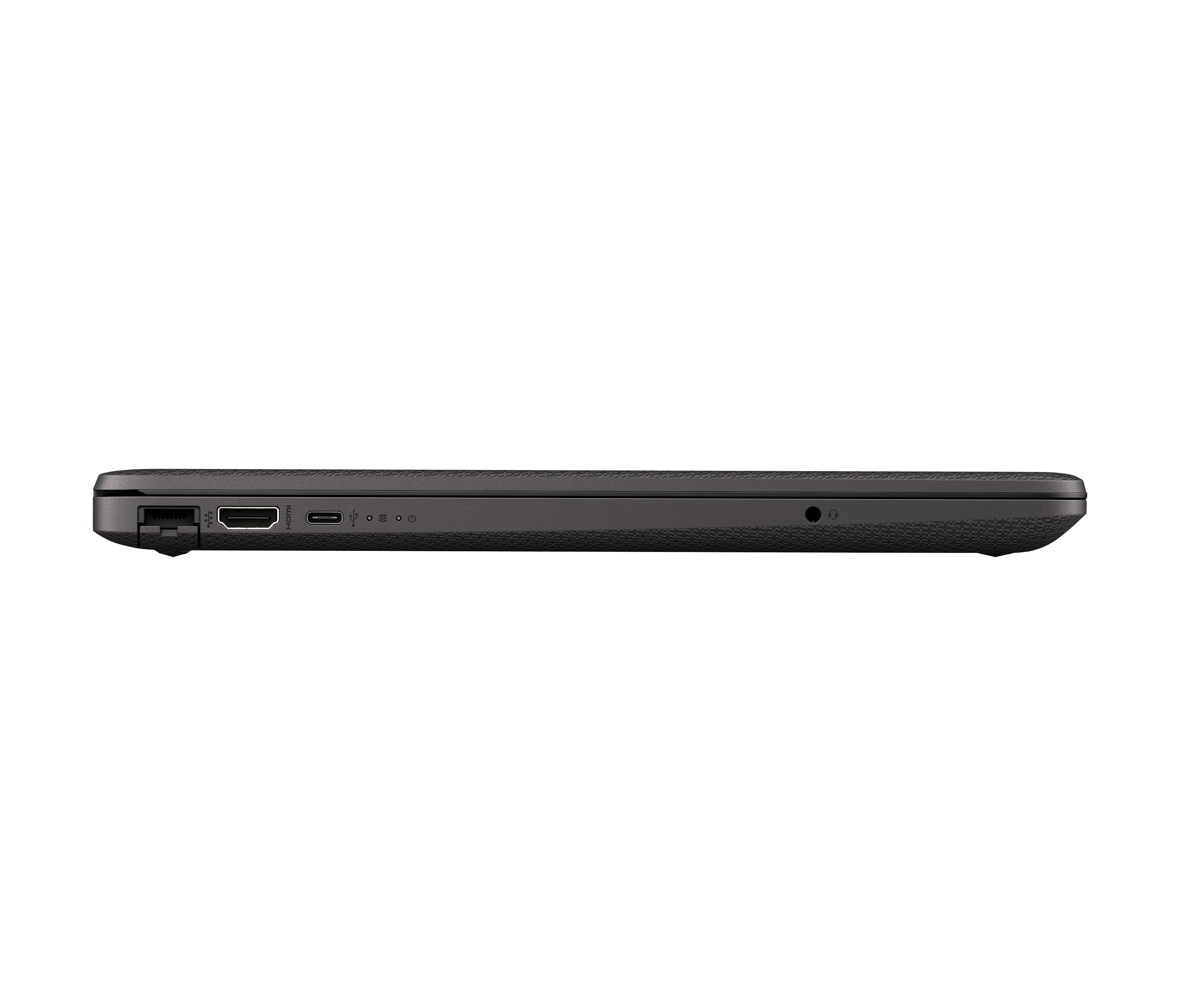 Area di connessione laptop nera con HDMI, USB-C, USB-A e jack audio.