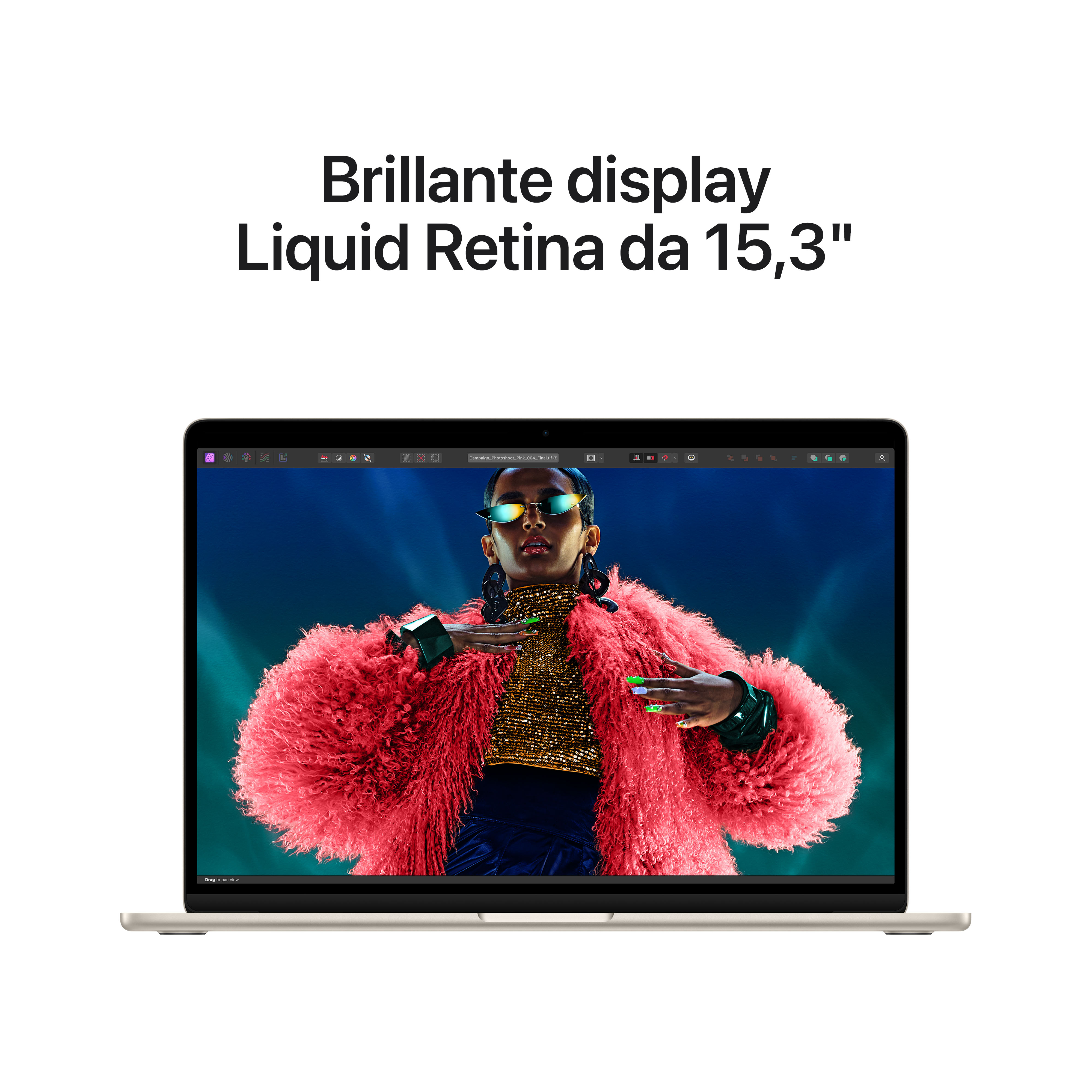 Un laptop mostra una modella con cappotto di pelliccia rosso e top glitter.