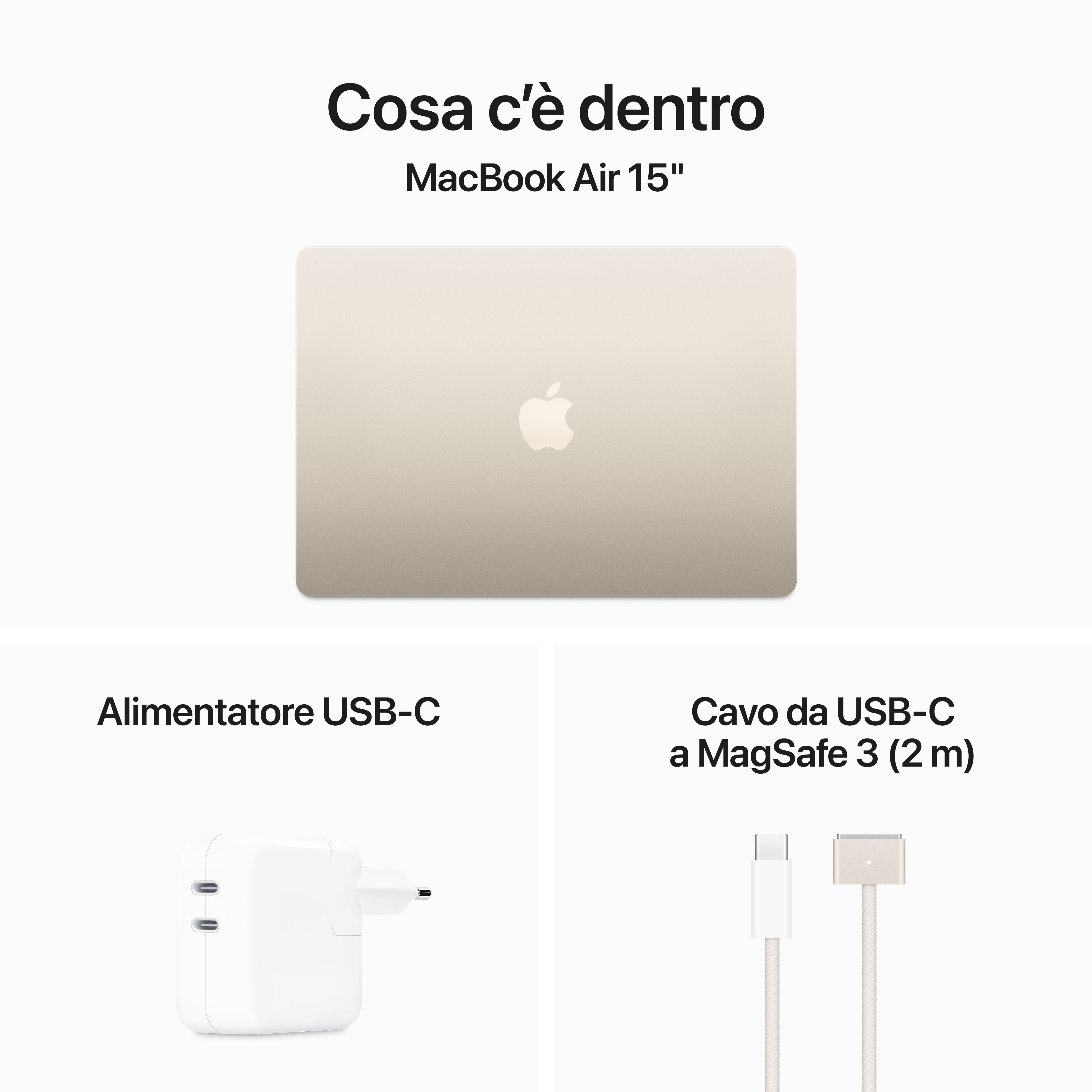 Un MacBook Air 15", un alimentatore USB-C e un cavo MagSafe 3.