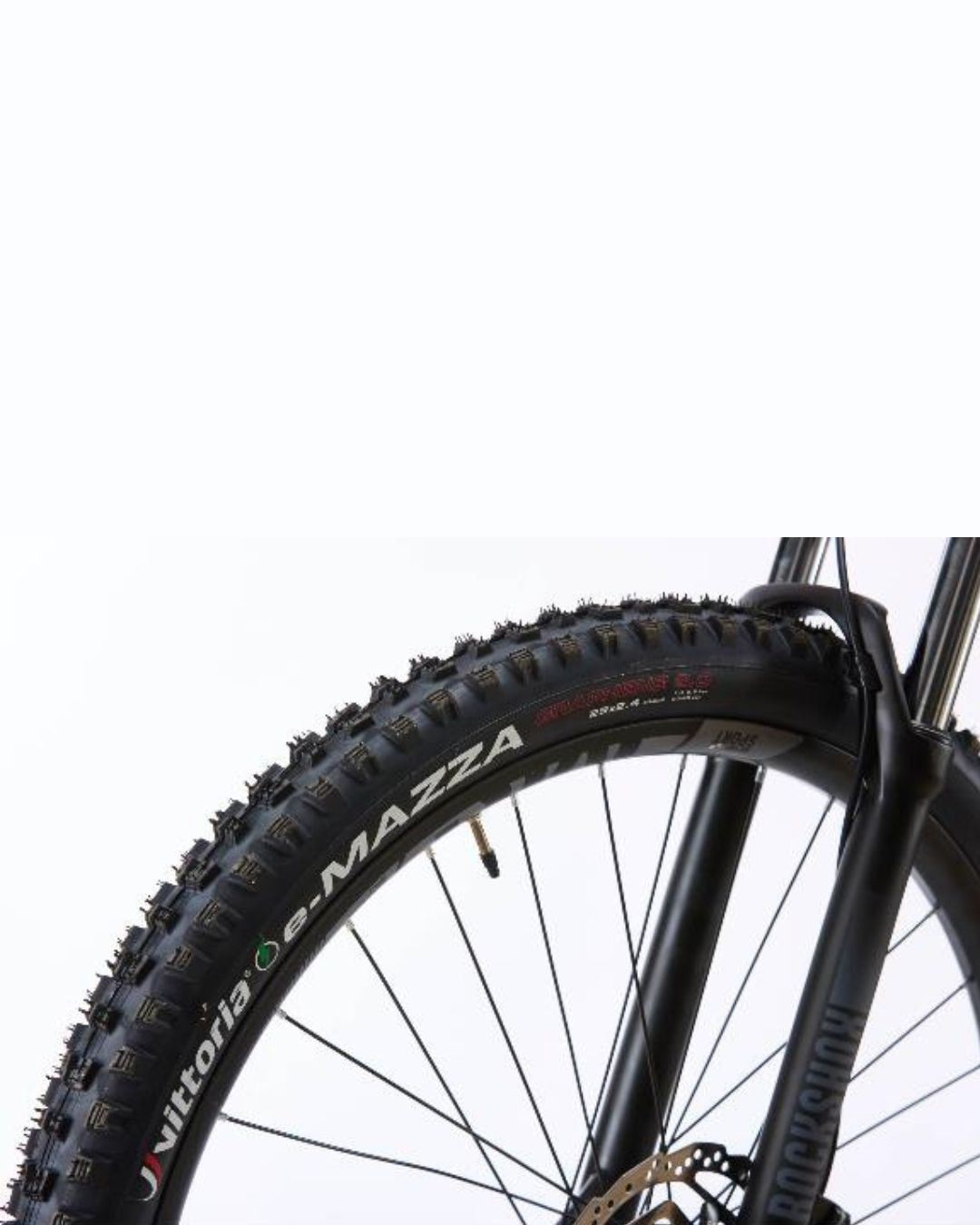 Primo piano di uno pneumatico da bicicletta con marchio Vittoria e-MAZZA e forcella.