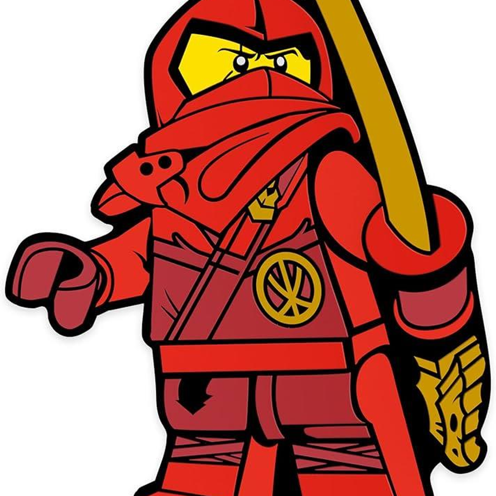 Un ninja rosso con occhi gialli che tiene una spada dorata.