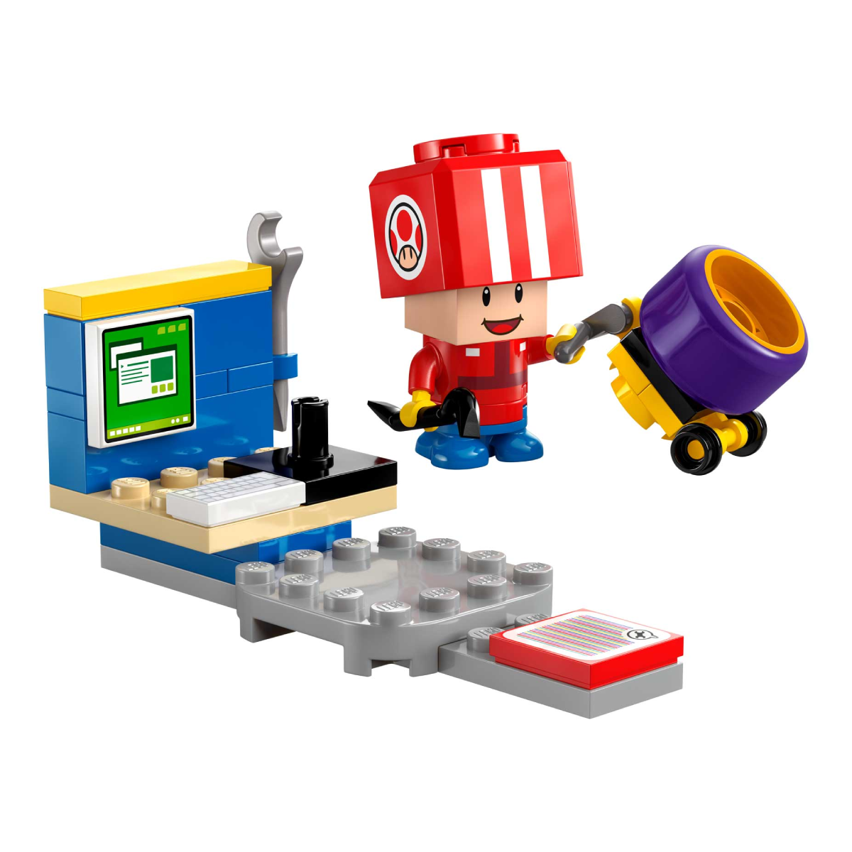 Un personaggio Lego in rosso e bianco con un attrezzo e un miscelatore.