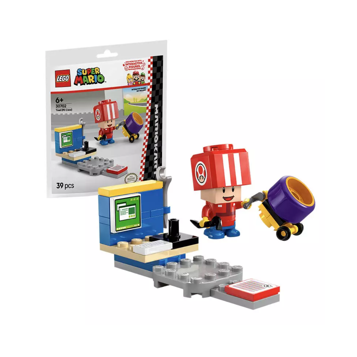 Set LEGO Super Mario Toad Pit Crew con banco da lavoro e carrello.