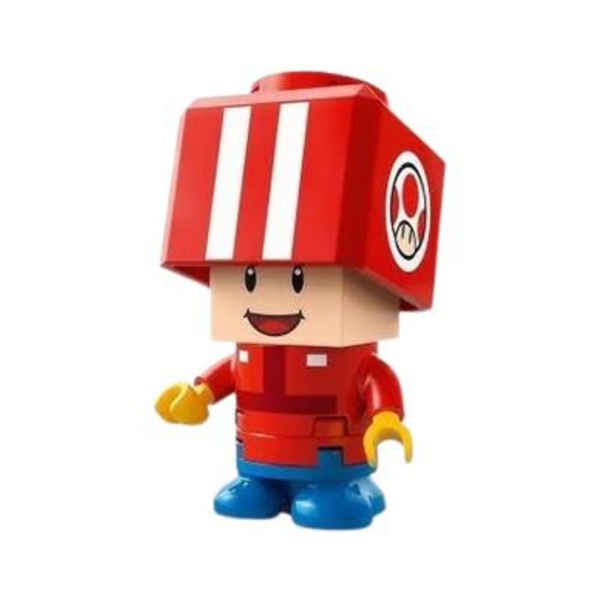 Un personaggio Lego rosso con cappello a fungo bianco e piedi blu.