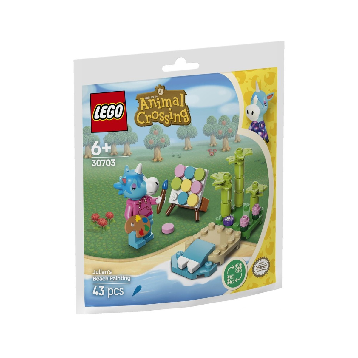 Set Lego Animal Crossing avec un rhinocéros bleu peignant et des palmiers.