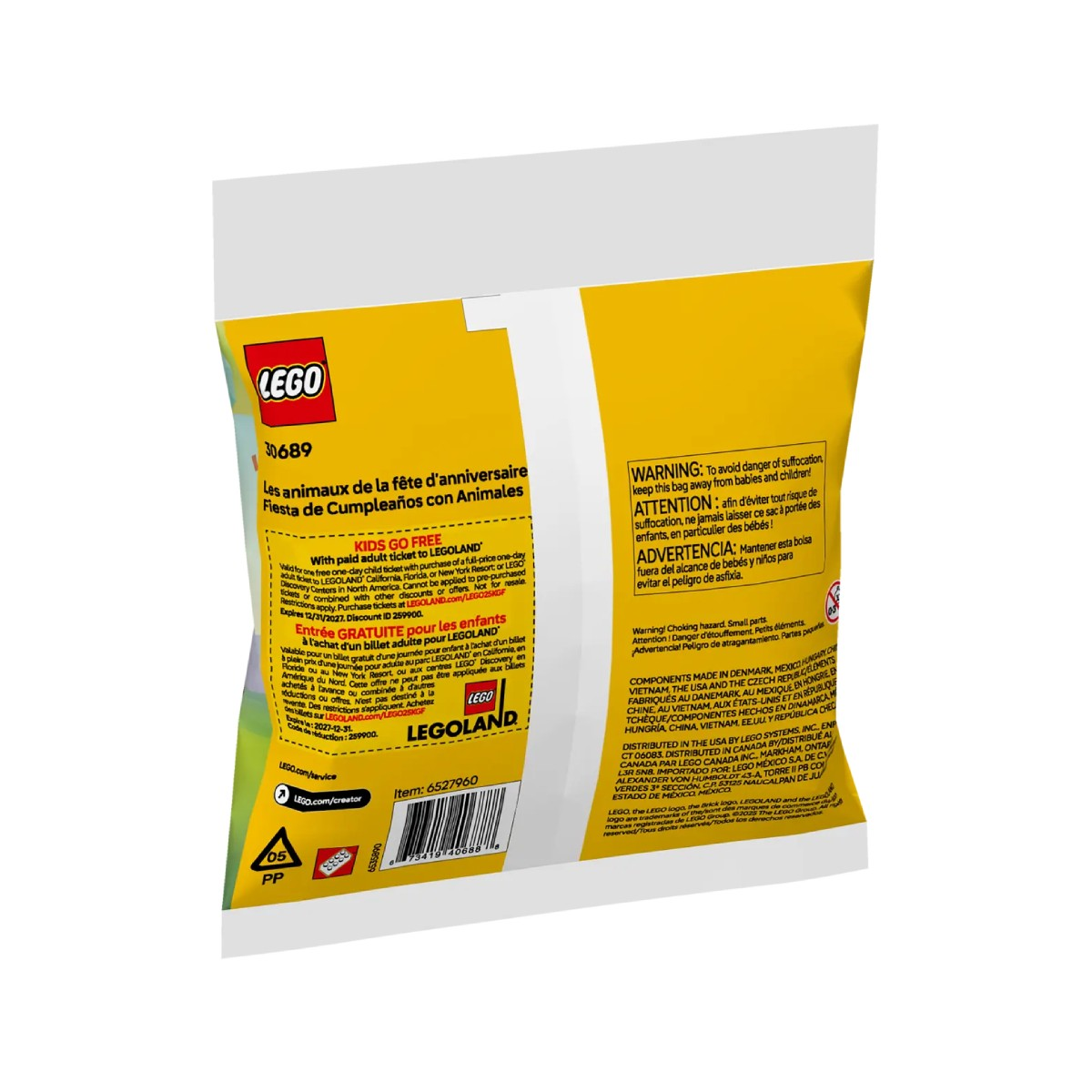 Sac LEGO avec avertissements et infos sur un billet enfant gratuit pour LEGOLAND.