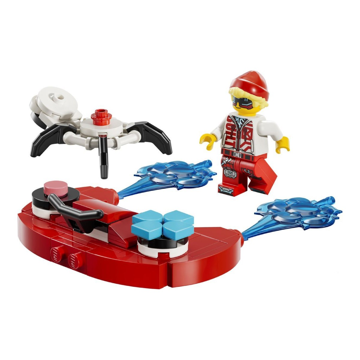 Güneş gözlüklü kırmızı Lego figürü kırmızı bir aracın yanında duruyor.