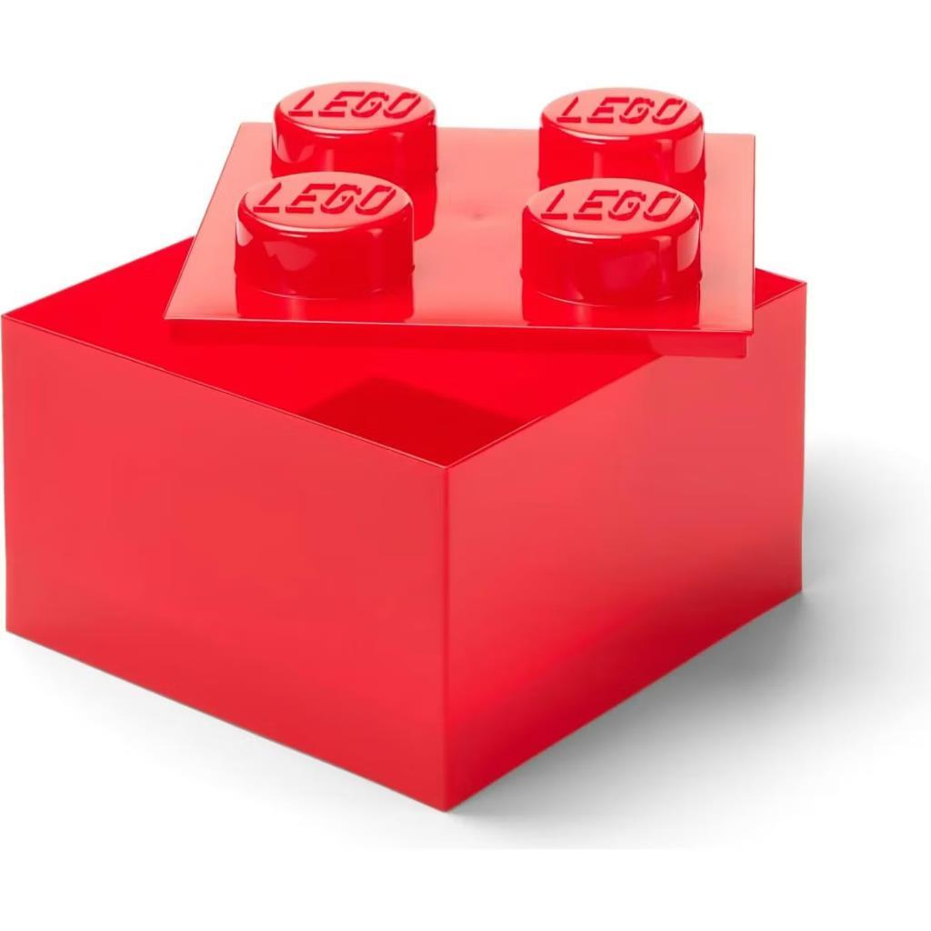 Contenitore rosso a forma di mattoncino Lego con quattro perni superiori.