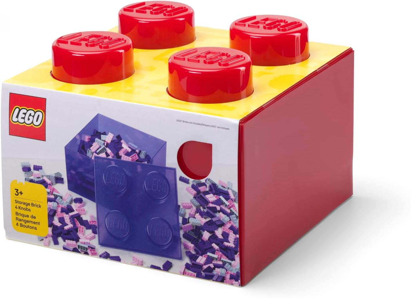 Un mattoncino contenitore Lego rosso con parte superiore gialla e quattro manopole rosse.