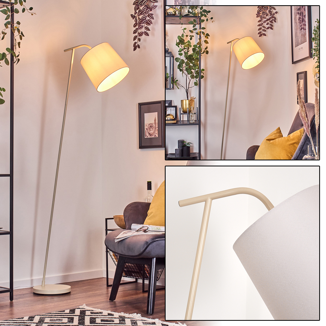 Ein moderner Stehlampe mit beigem Schirm steht neben einem Sessel.