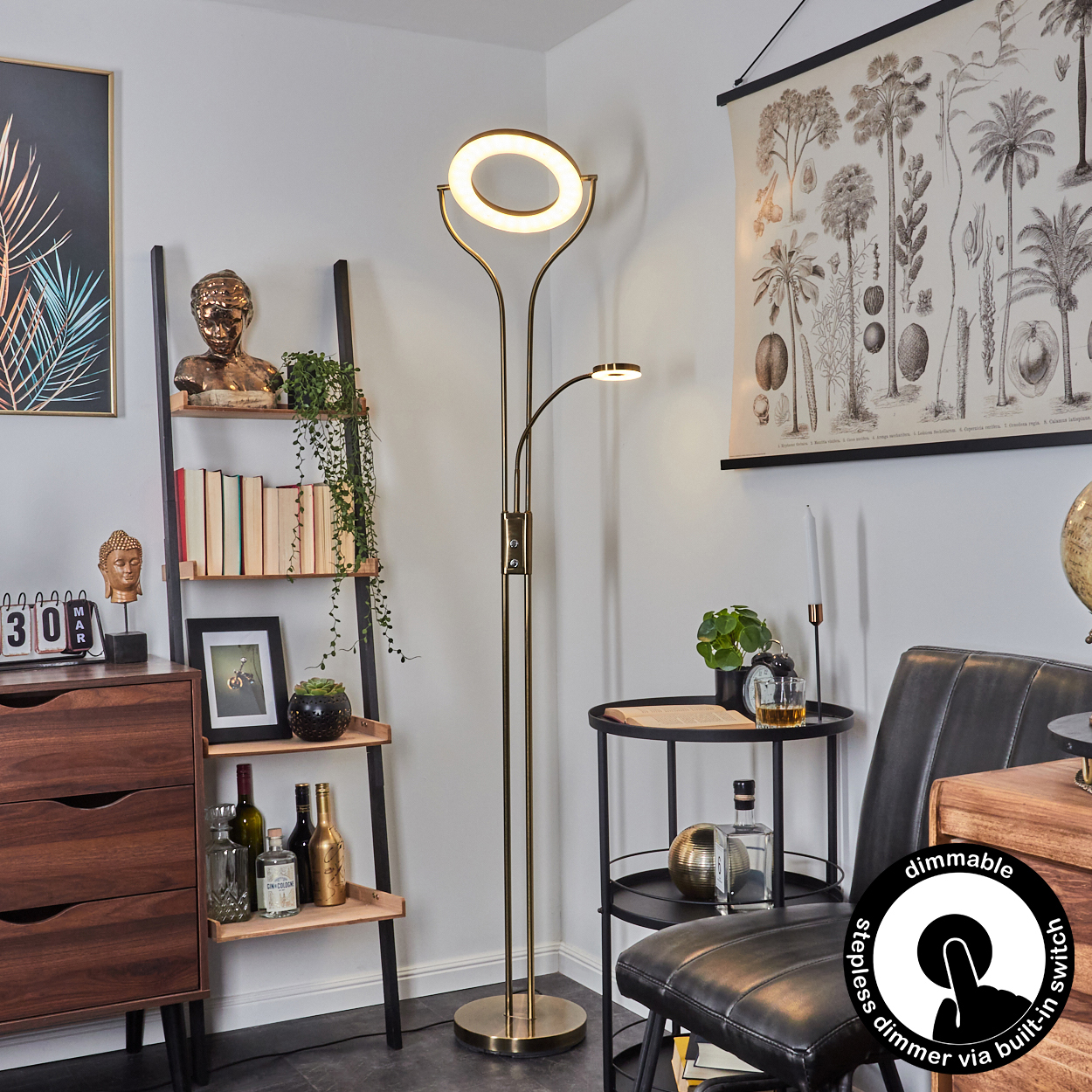Ein moderner goldener Stehlampe mit Ringlicht steht neben einem Regal.