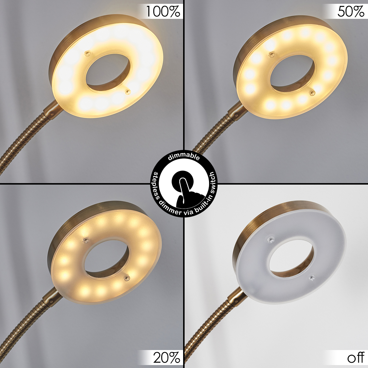 Vier Ansichten einer dimmbaren Lampe, die Helligkeit von 100% bis aus zeigt.