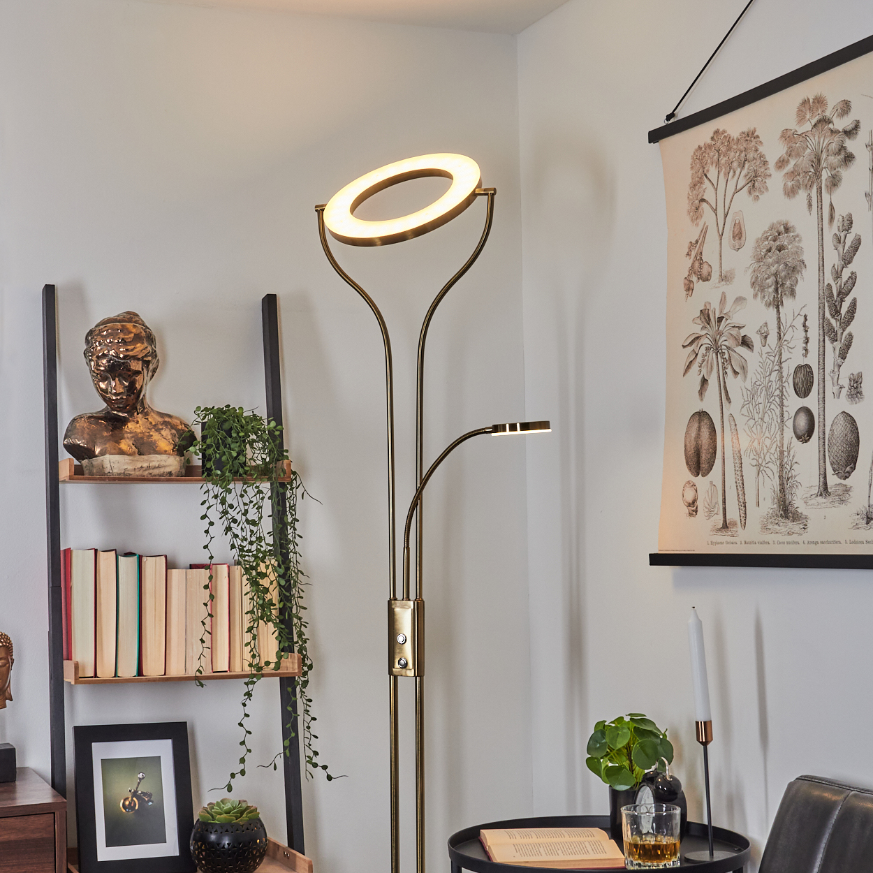 Ein moderner Stehleuchte mit Ringlicht steht neben einem Regal mit Büchern und einer Büste.