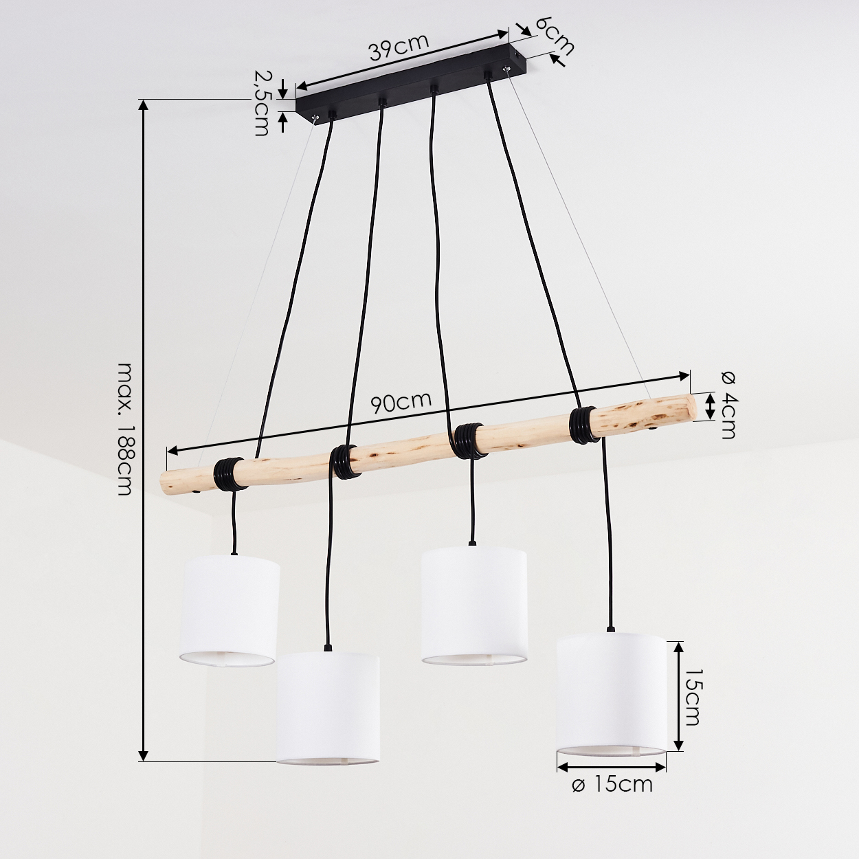 Pendelleuchte mit Holzstamm und vier weißen Schirmen. Maße angegeben.